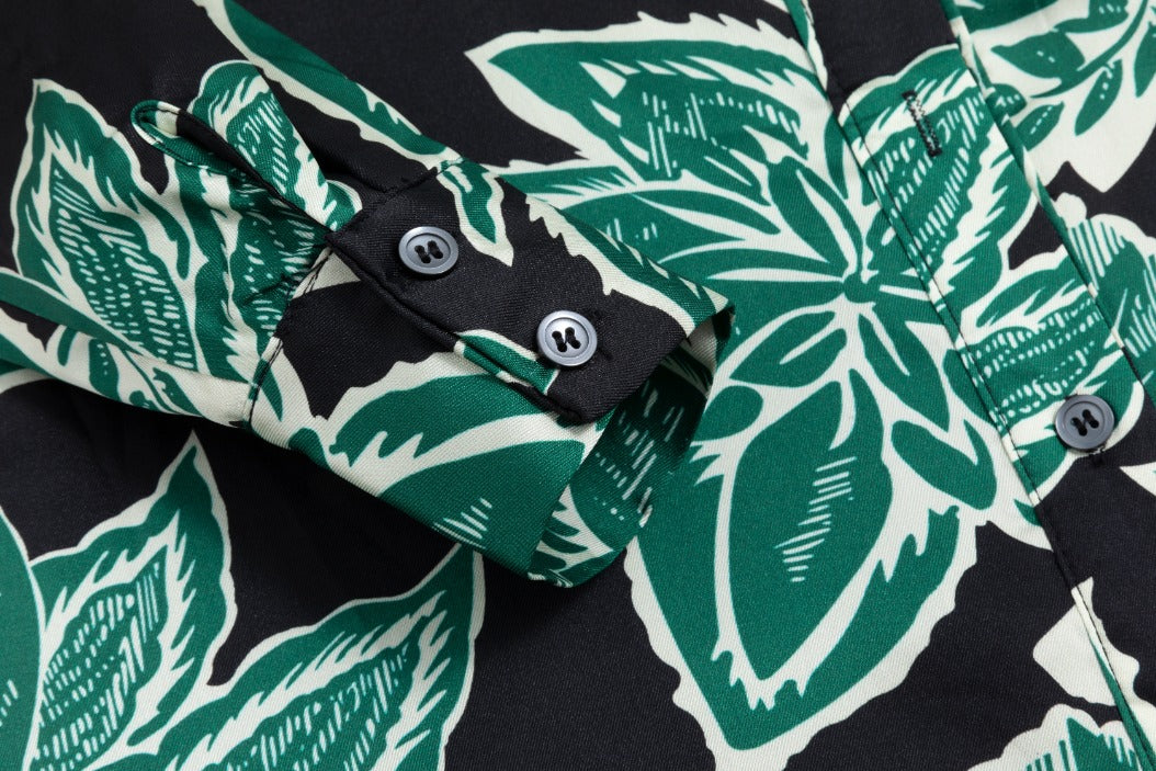Big Flower Printed Shirt Dress - Emerald