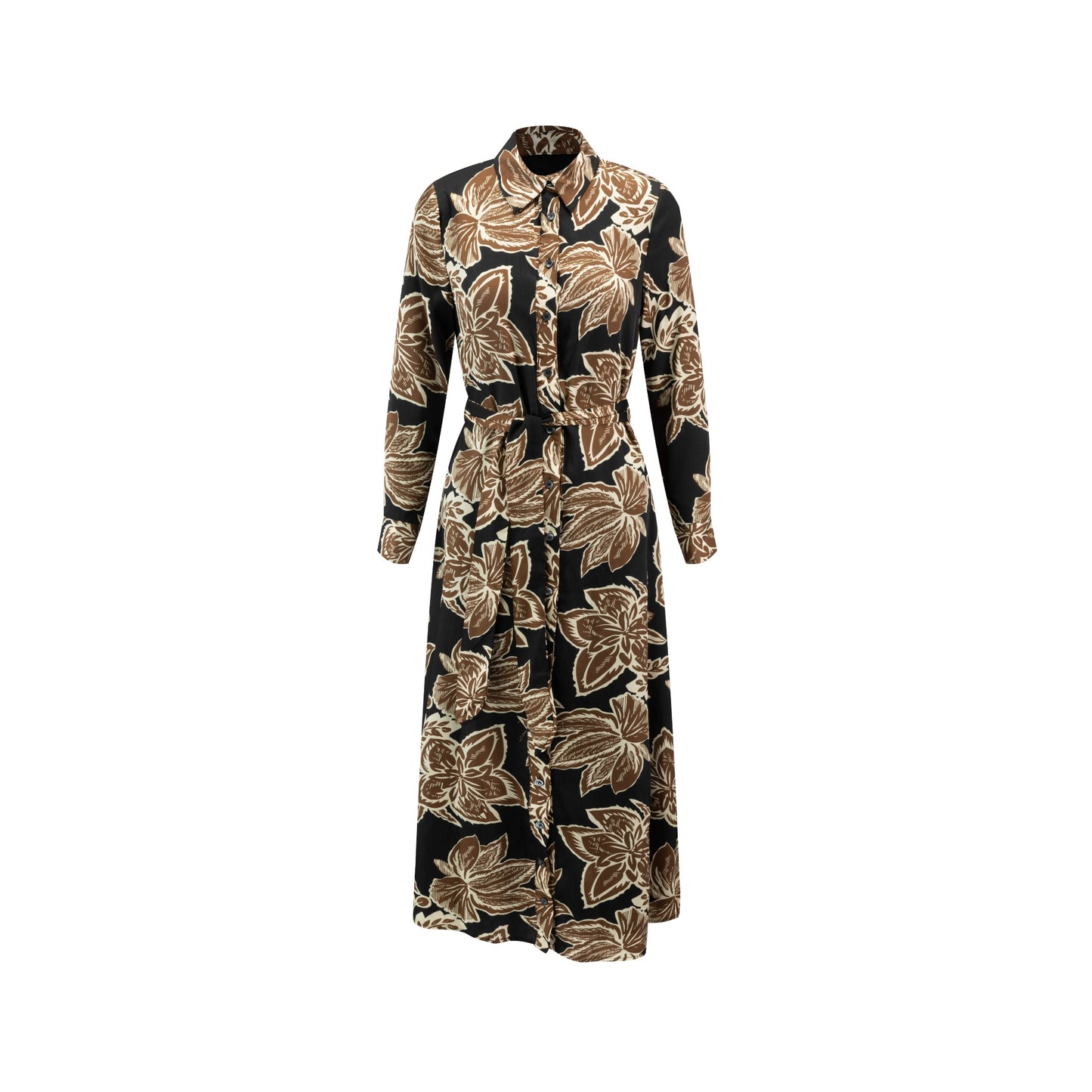 Big Flower Printed Shirt Dress - Tan