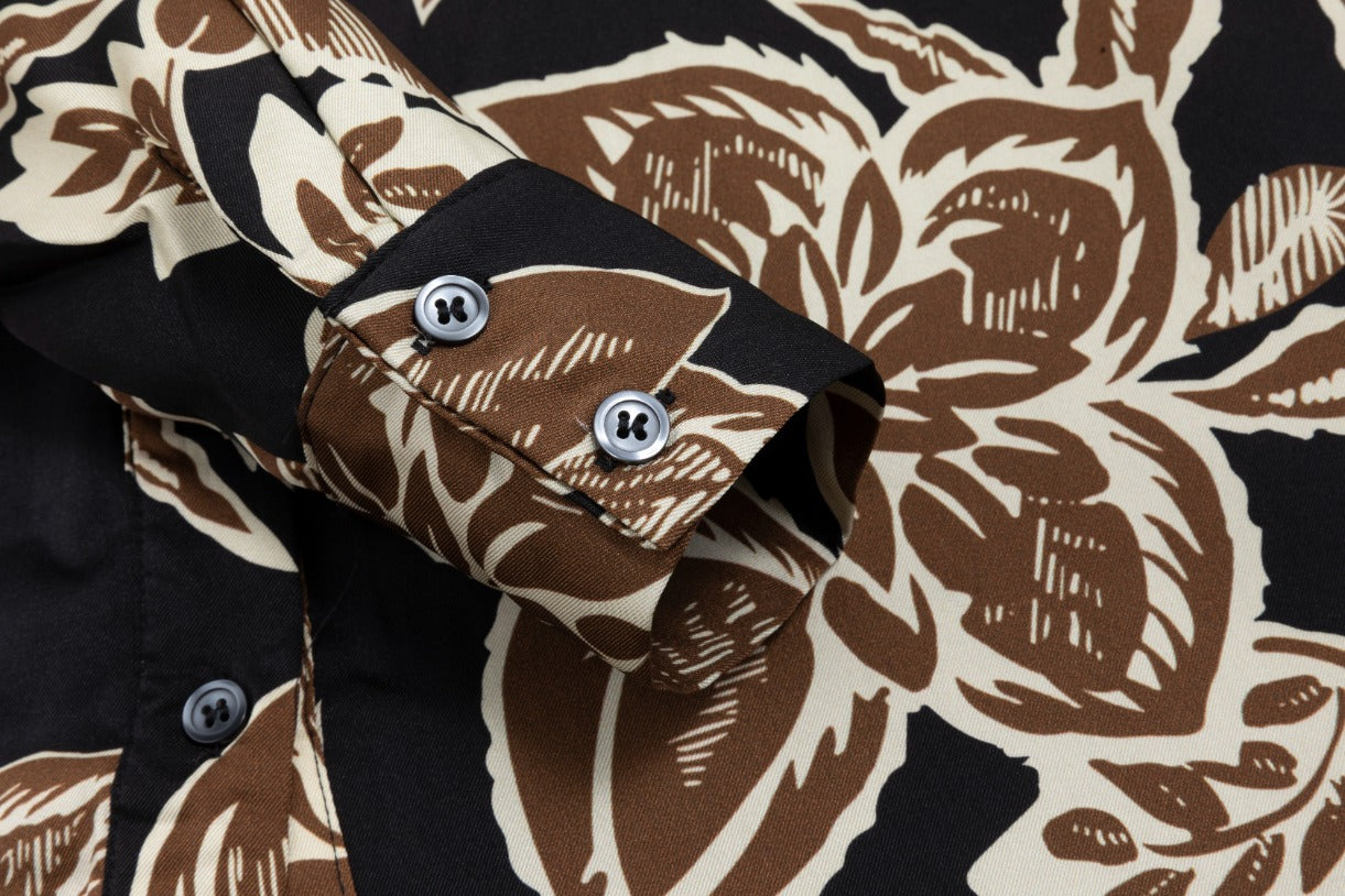 Big Flower Printed Shirt Dress - Tan