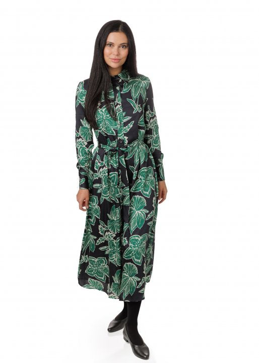 Big Flower Printed Shirt Dress - Emerald