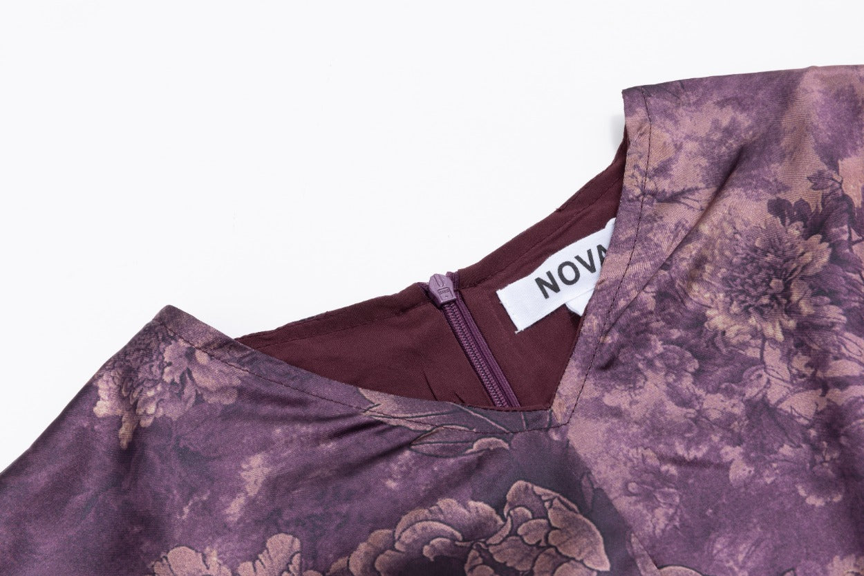 Chinoiserie Printed Dress With Crossed Waist - Purple