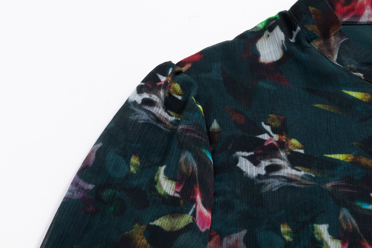 Darker Green Multicolor Printed Chiffon Layer Dress
