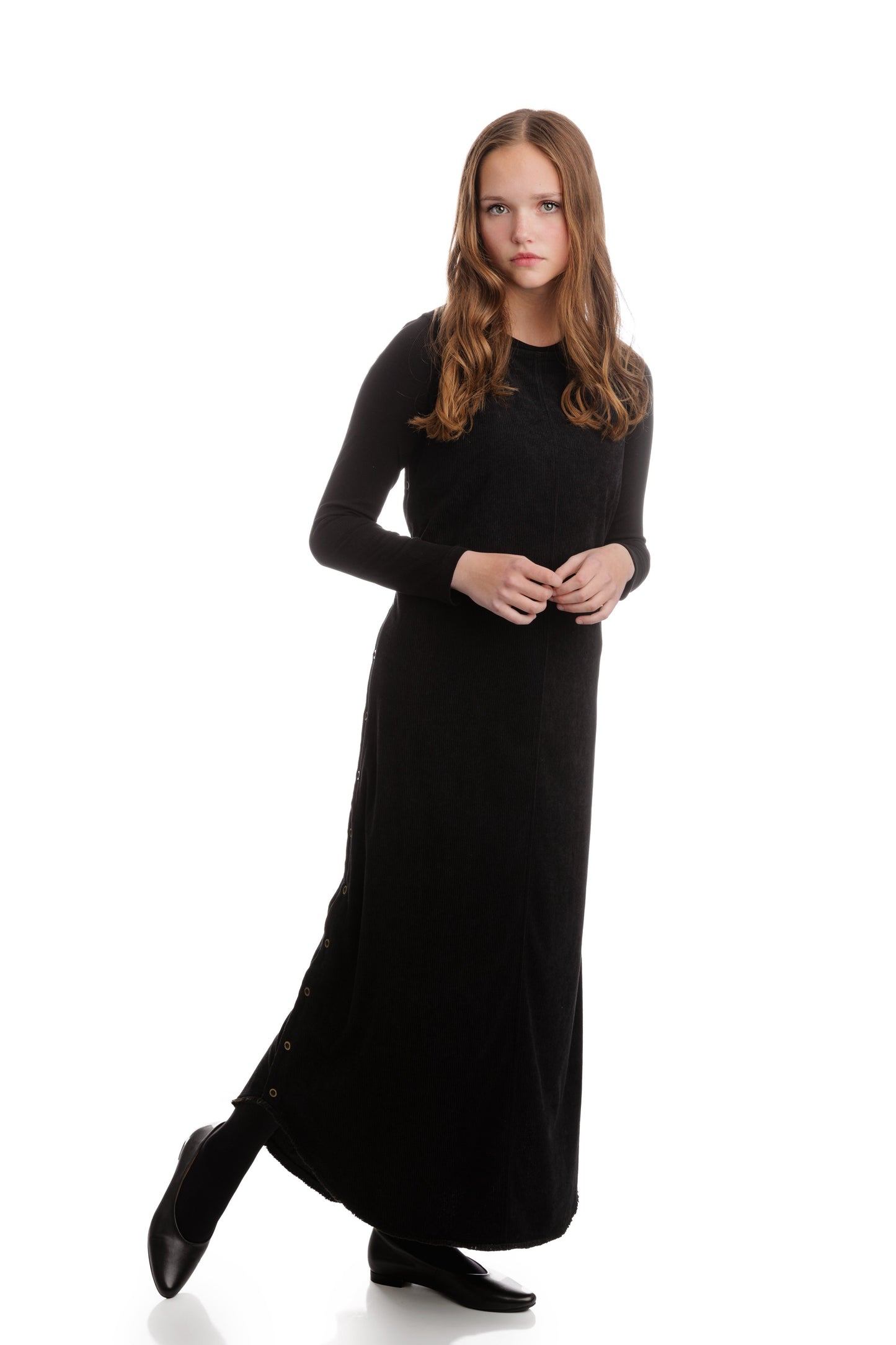 Side Placket & Button Corduroy Jumper With Top - Black