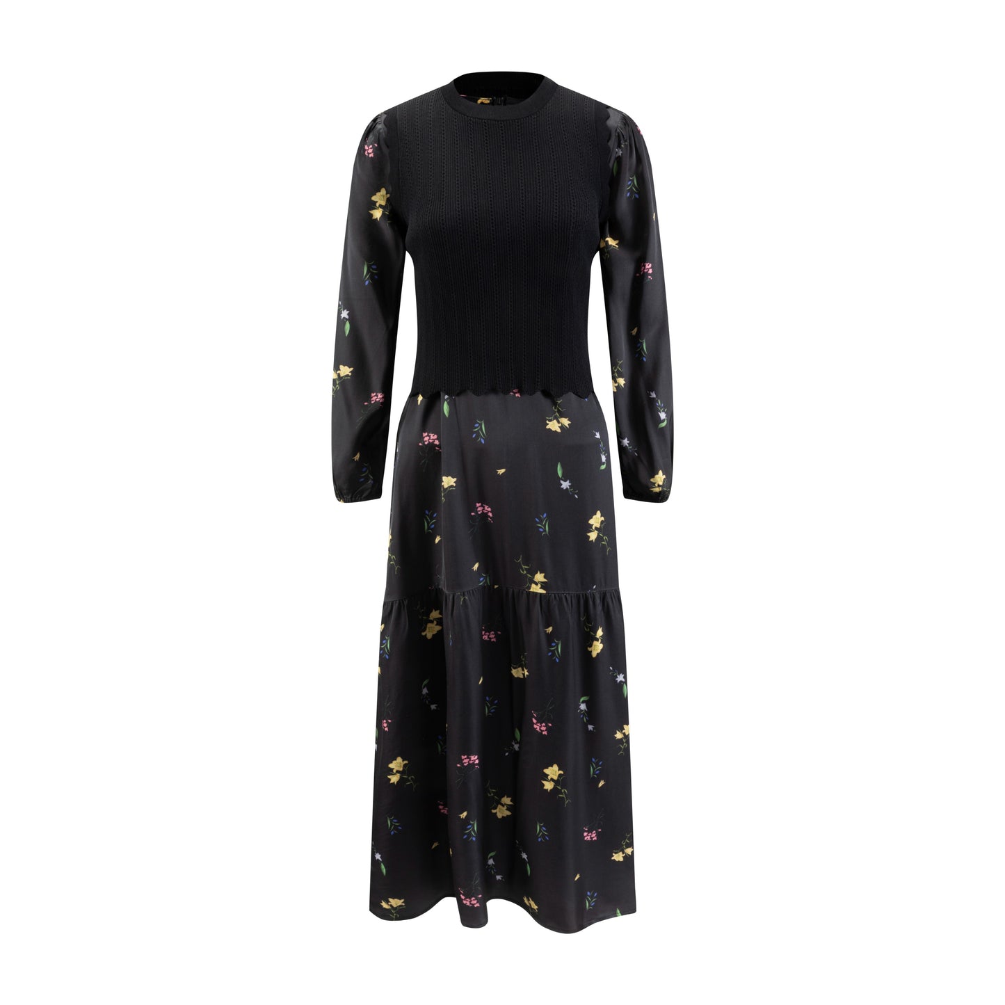 Black Base Multiflowered Printed Layer Dress With Knit Vest