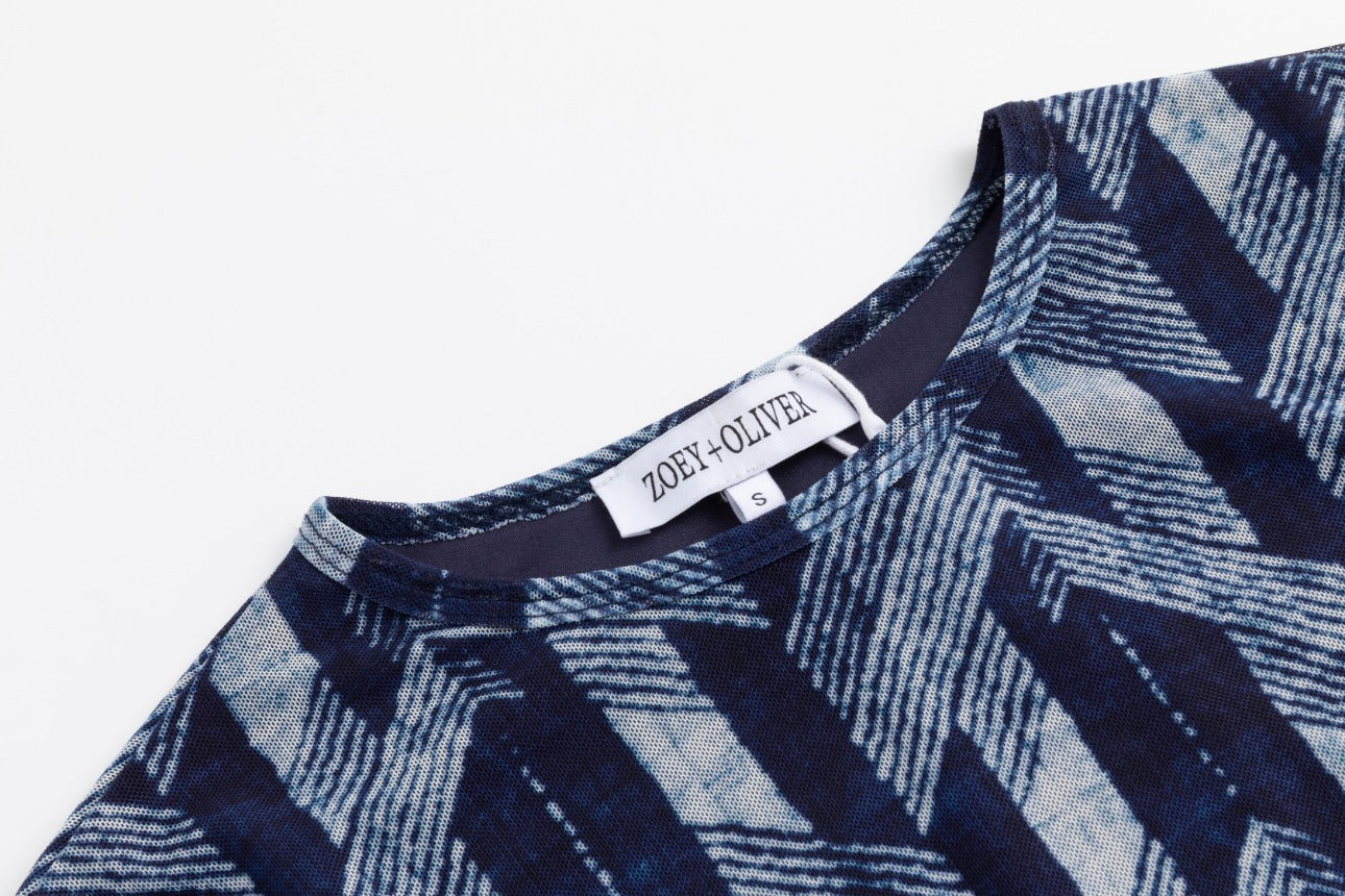 Navy Stripes Geometry Printed Mesh Top