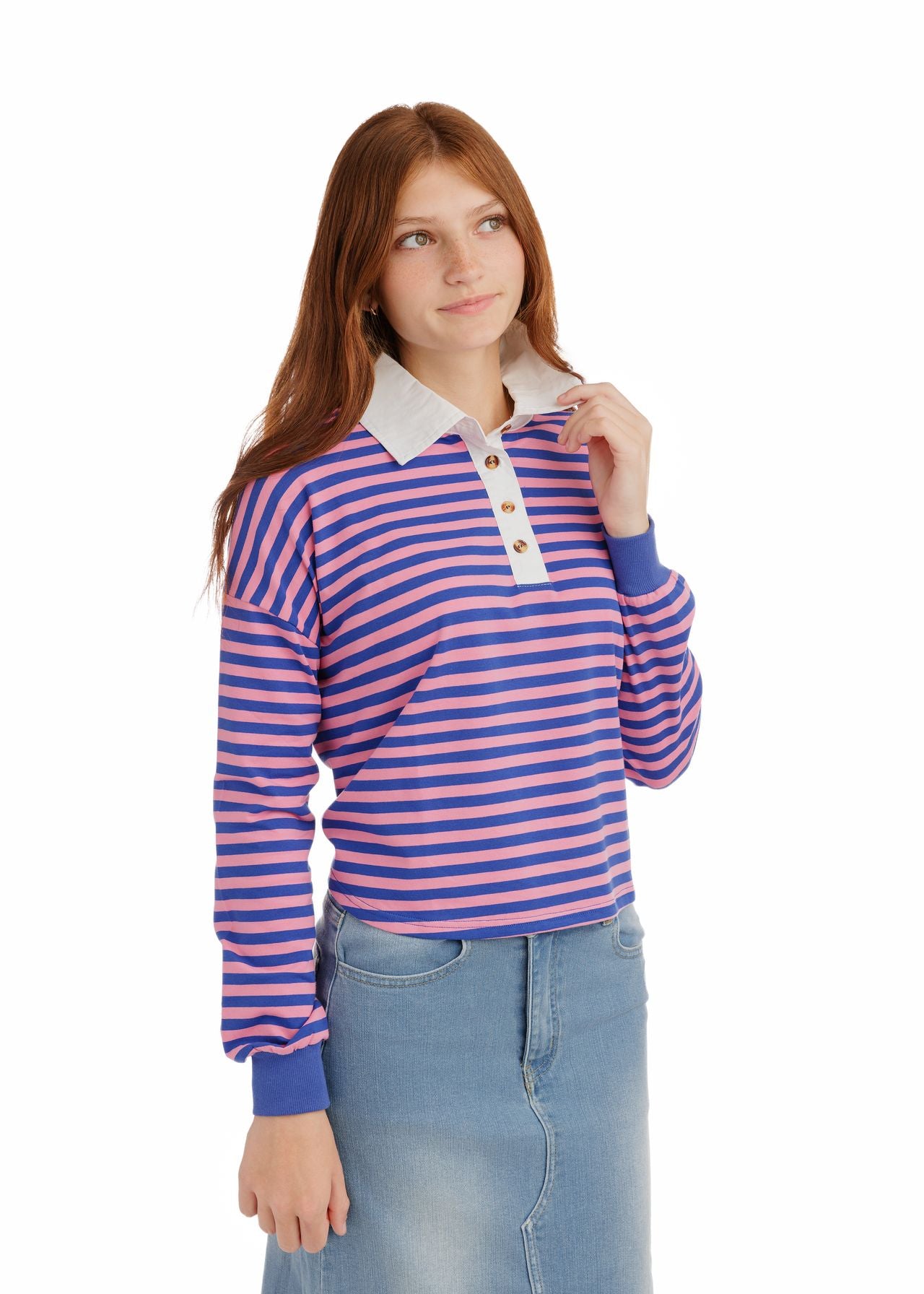 Striped Boxy Polo T-Shirt - Blue/Pink