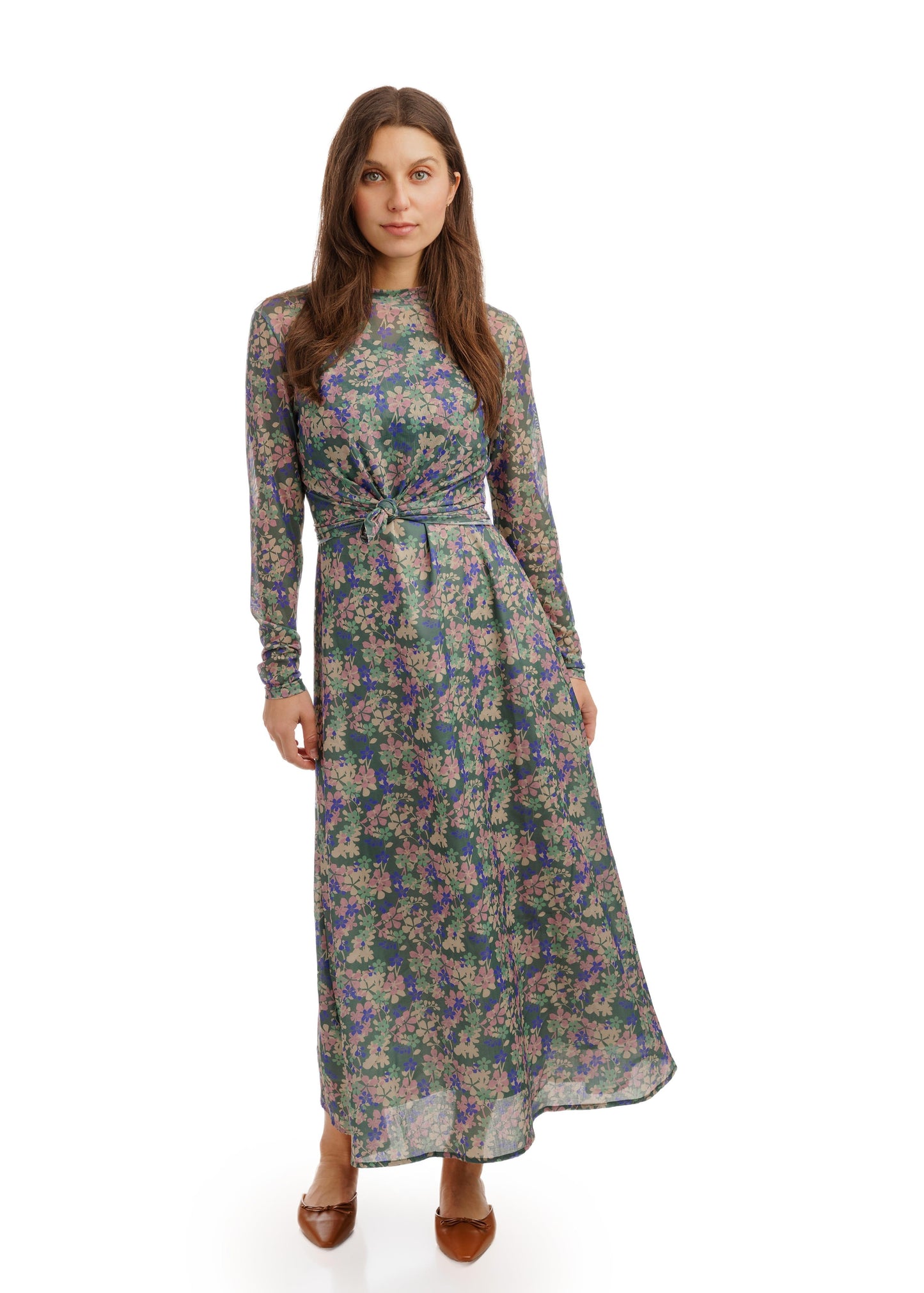 Green Printed Mesh Overlay Dress