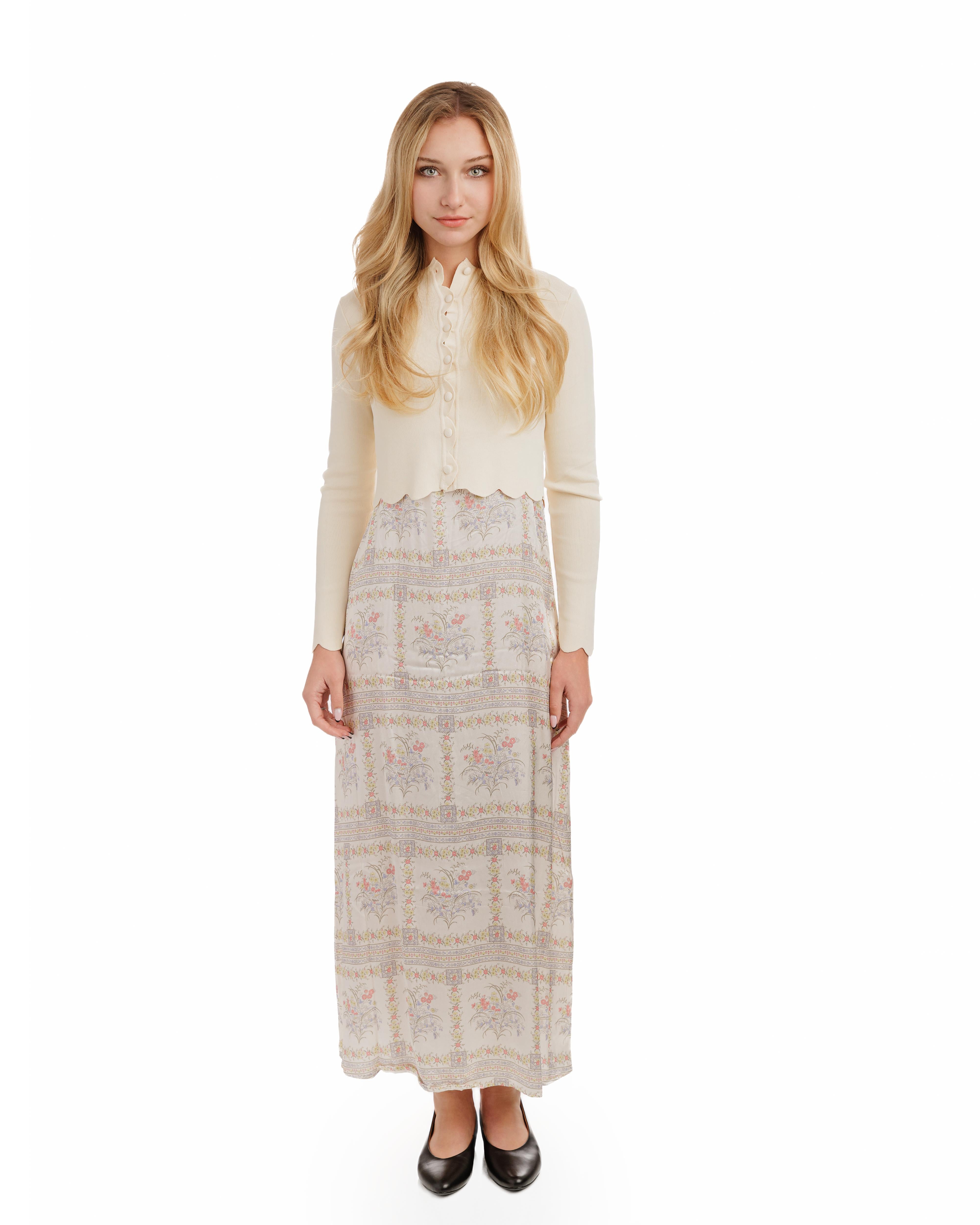 Beige Printed Slip Dress With Beige Knit Cardigan The Runway Company Beige Printed Slip Dress With Beige Knit Cardigan The Runway Company