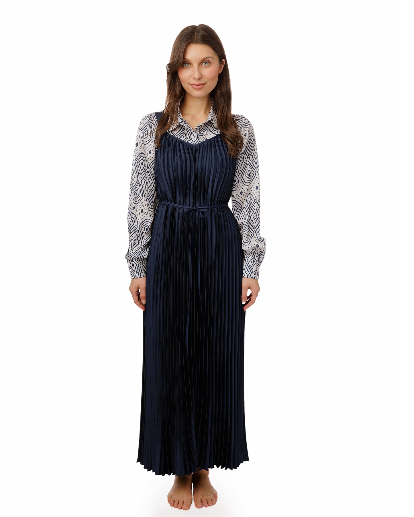 Navy Pleated Jumper With Printed Blouse Overlay