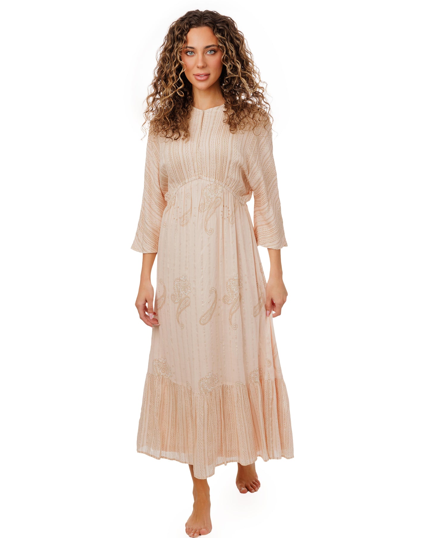 Pink Base Paisley Printed Lurex Dress