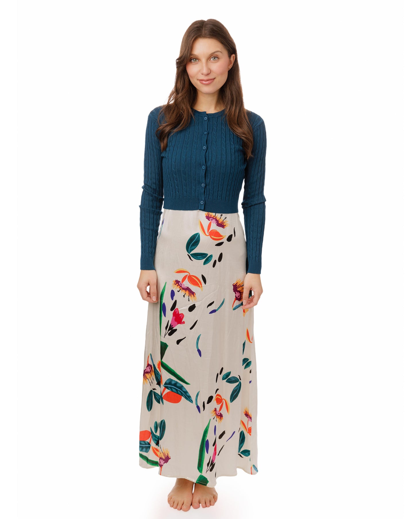 Multicolor Floral Printed Slip Jumper With Turquoise Knit Overlay Cardigan