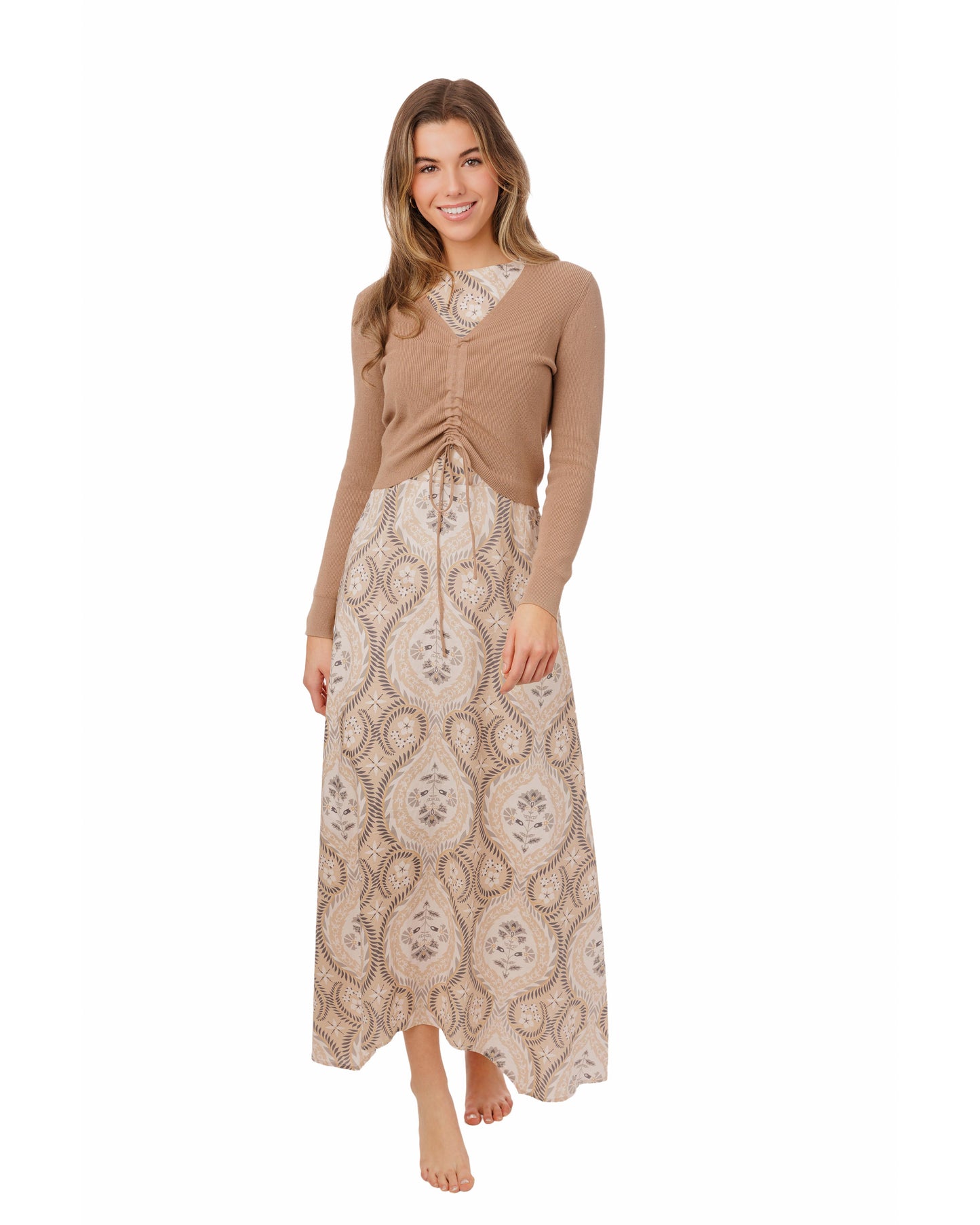 Beige And Grey Printed Dress With Taupe Overlay