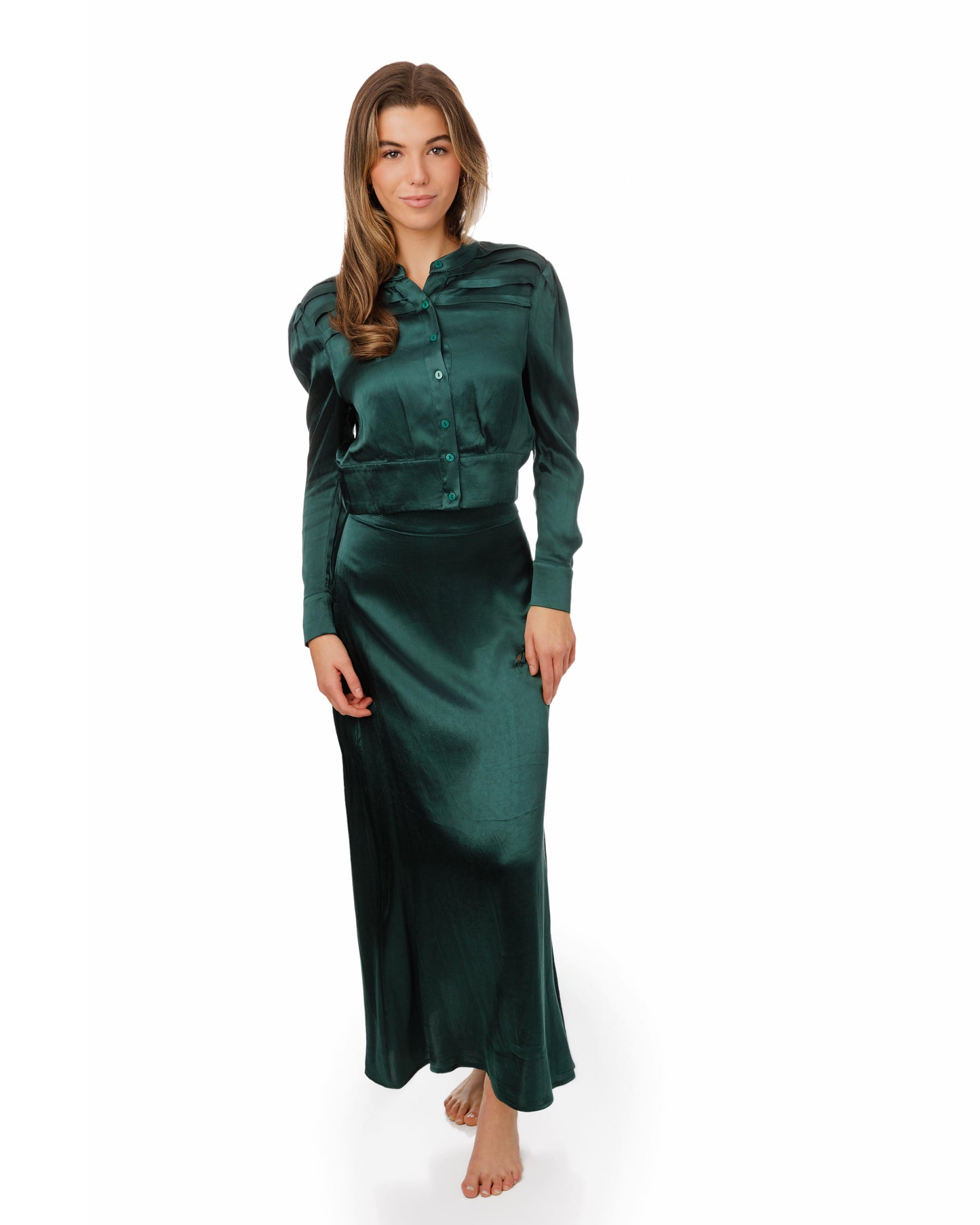 Green Solid Pleated Top
