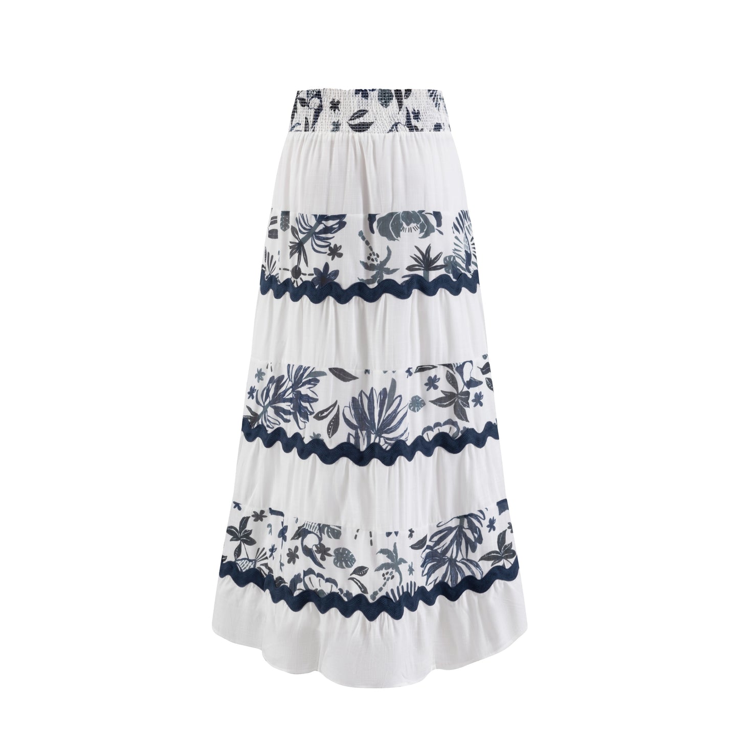 White Linen Navy Plants Printed Layer Skirt