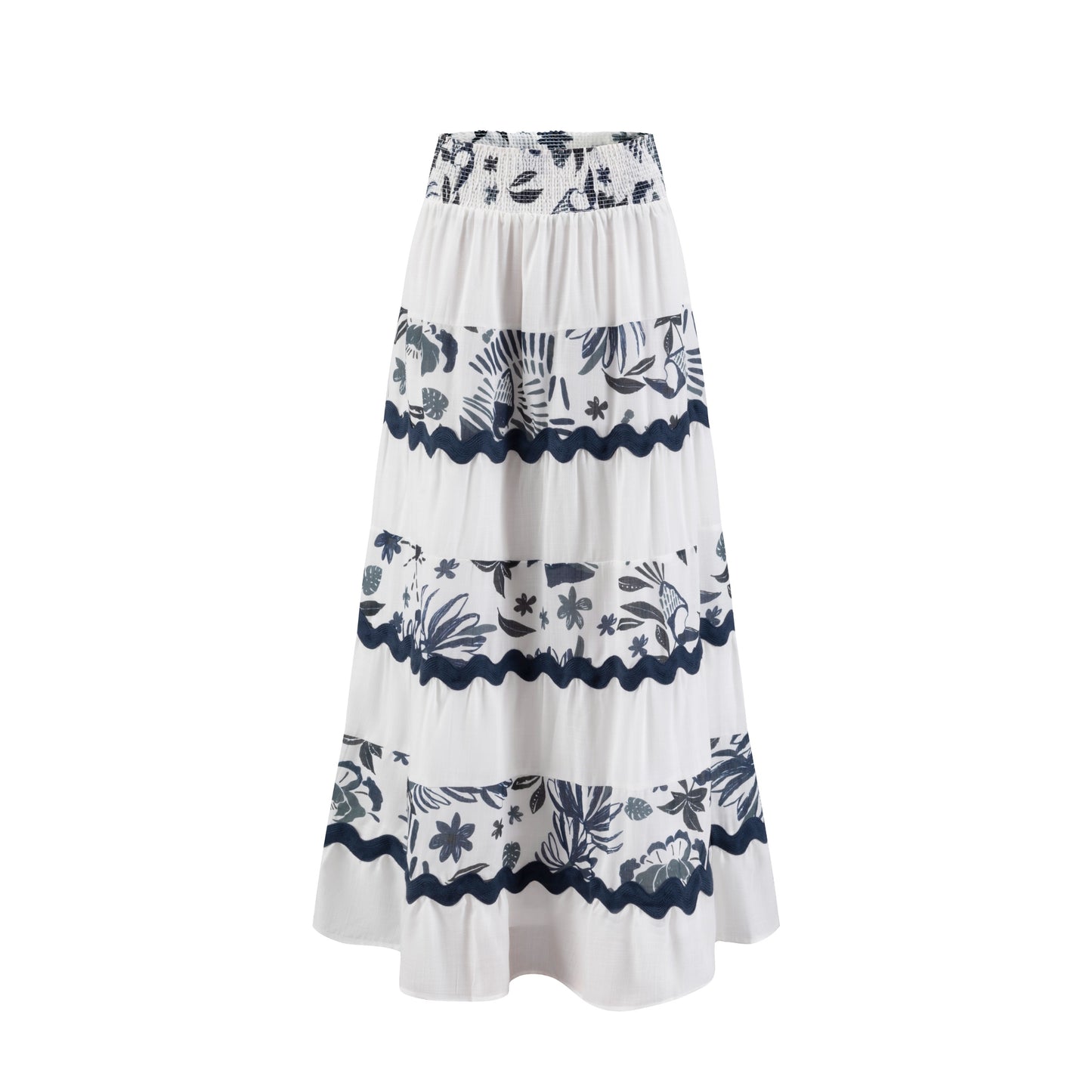 White Linen Navy Plants Printed Layer Skirt