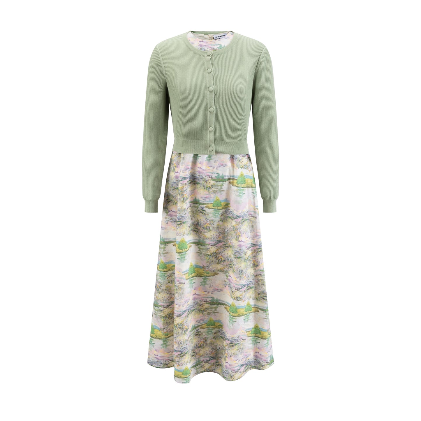 Sage Green Cardigan & Multicolor Printed Dress