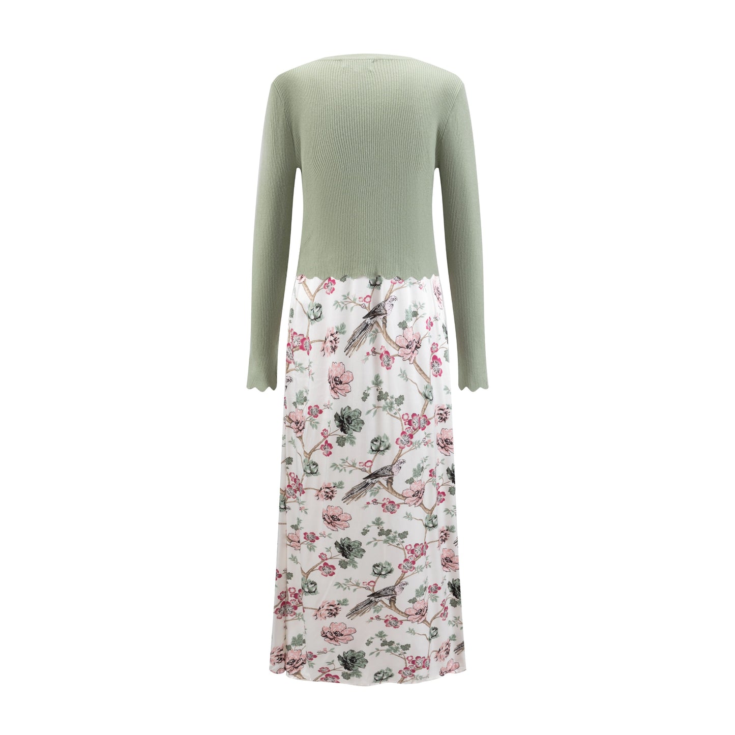 Sage Green Knit Top With Slip Dress With Bird Print