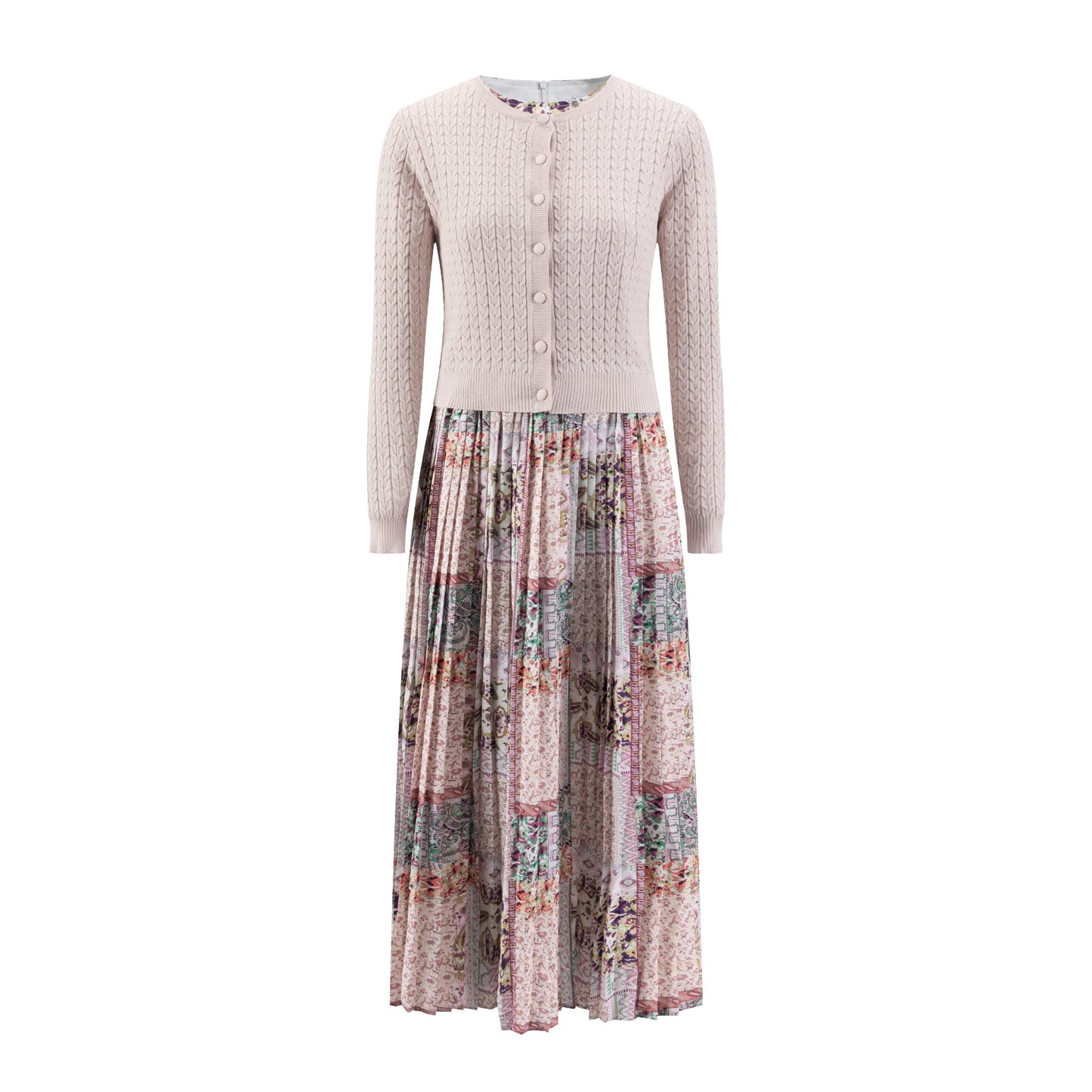 Multicolored Printed Pleated Dress With Pink Overlay