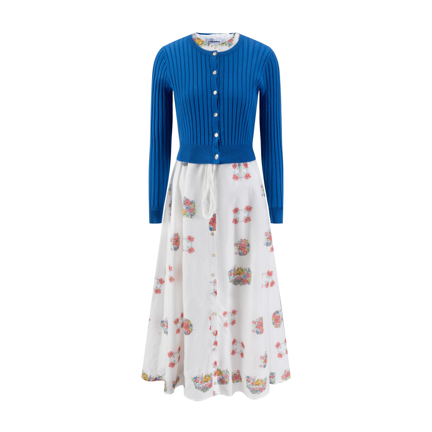 White Base Red Flower Printed Jumper With Royal Blue Knit Cardigan Overlay