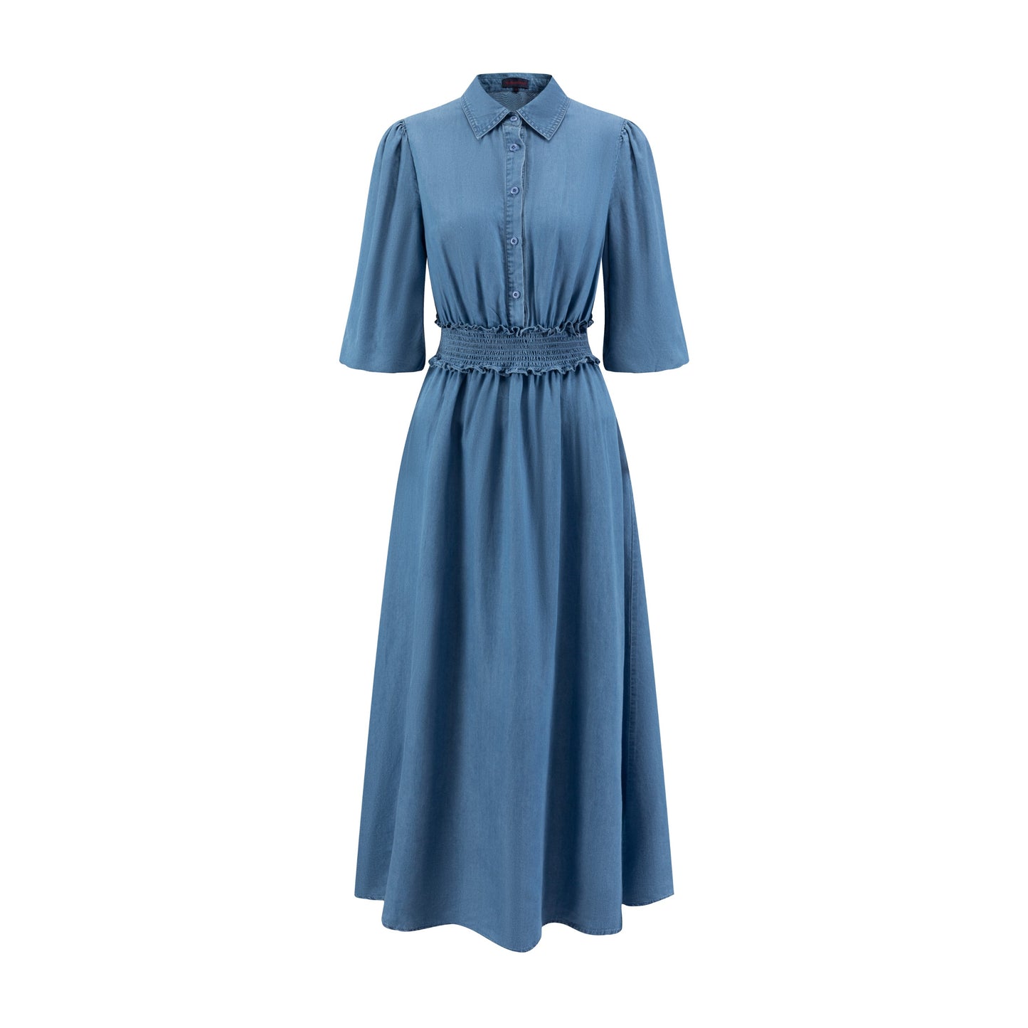 Blue Smocking Waisted Shirt Dress
