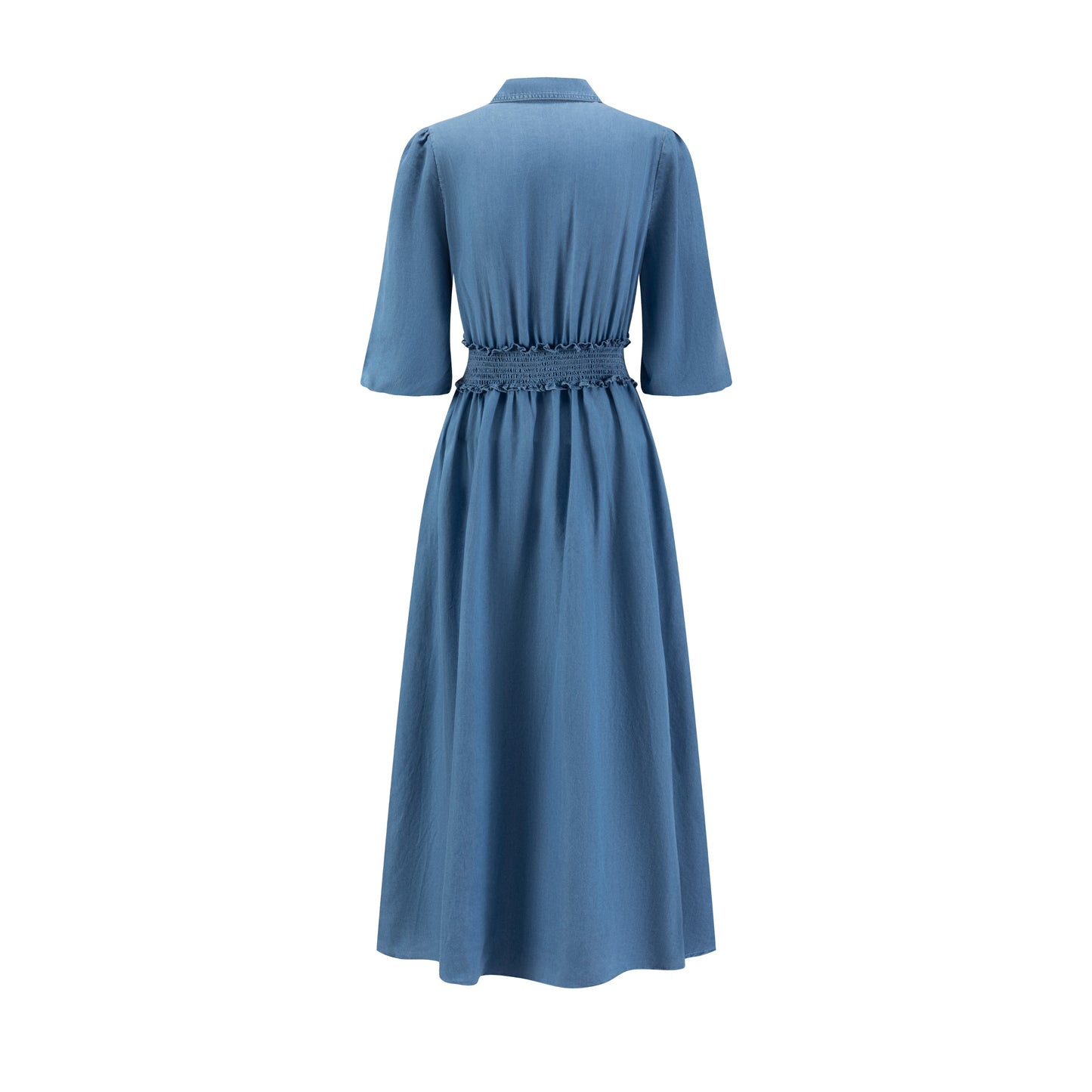 Blue Smocking Waisted Shirt Dress