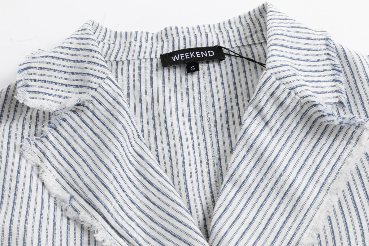 Navy Stripes Fringed Edges Jacket