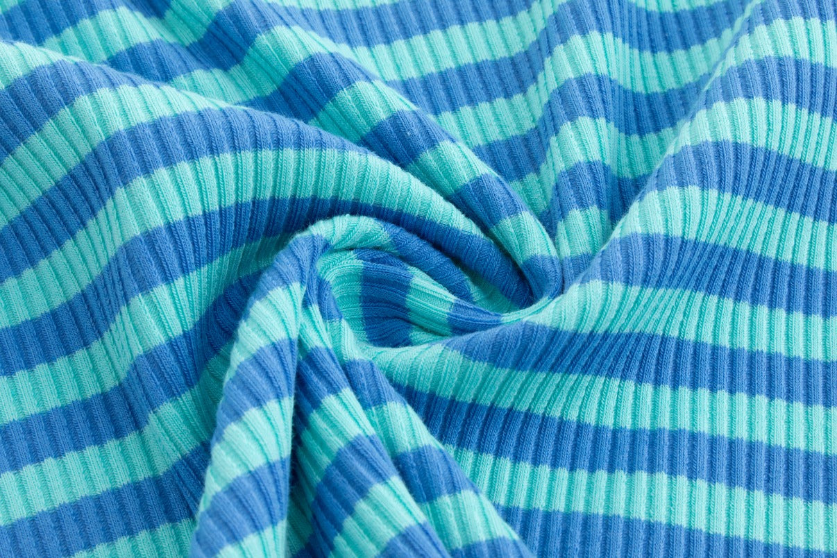 Ribbed Striped T-Shirt With Elbow Patches - Teal/Light Blue