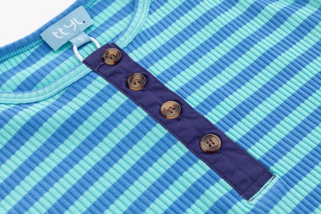 Ribbed Striped T-Shirt With Elbow Patches - Teal/Light Blue