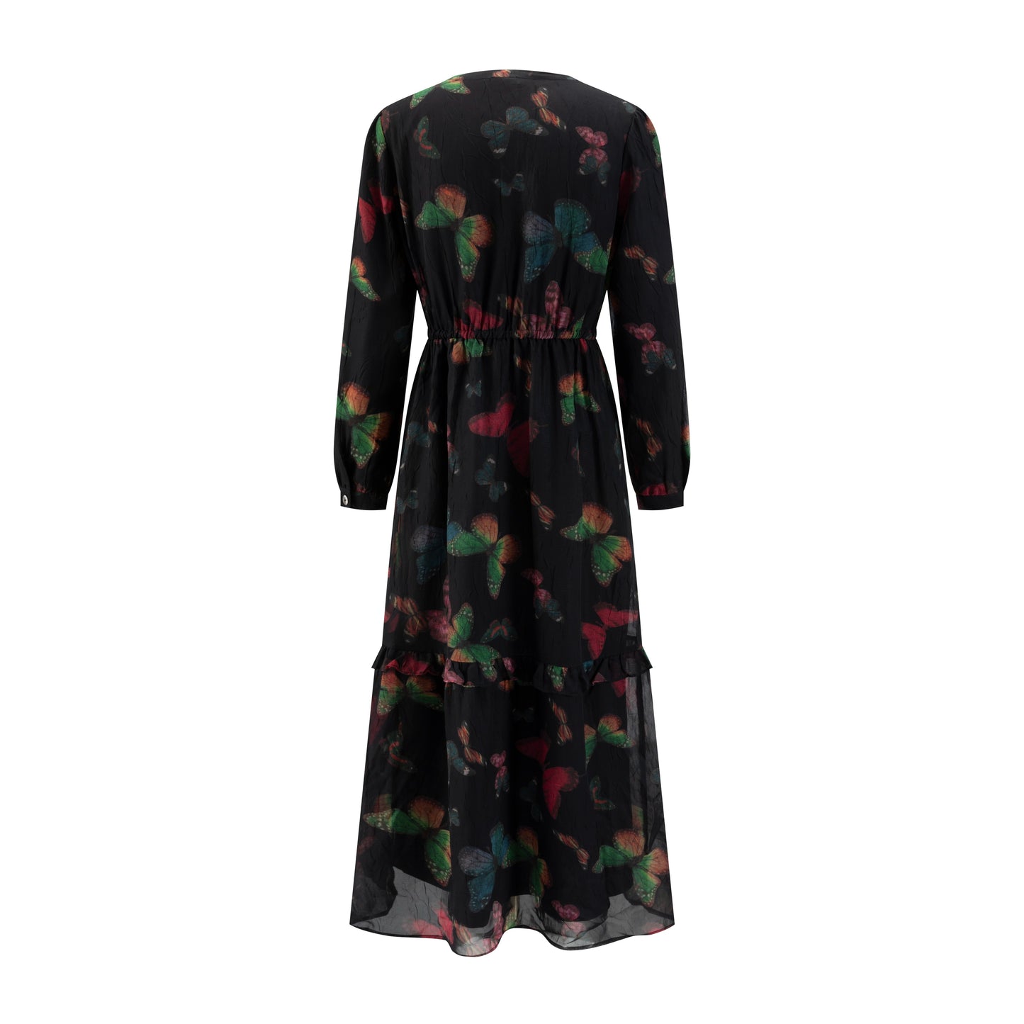 Black Base Multicolor Butterfly Printed Layer Dress