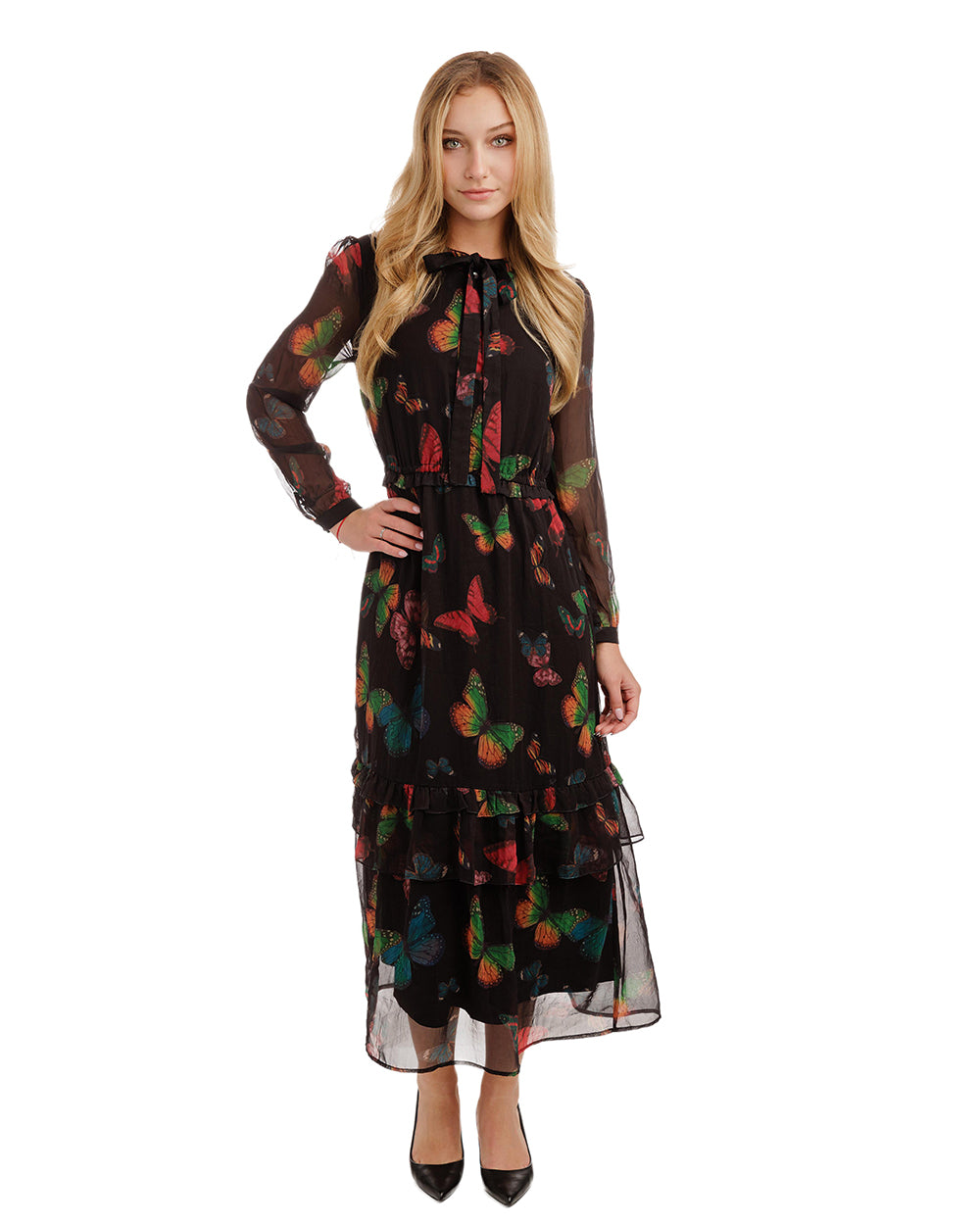 Black Base Multicolor Butterfly Printed Layer Dress