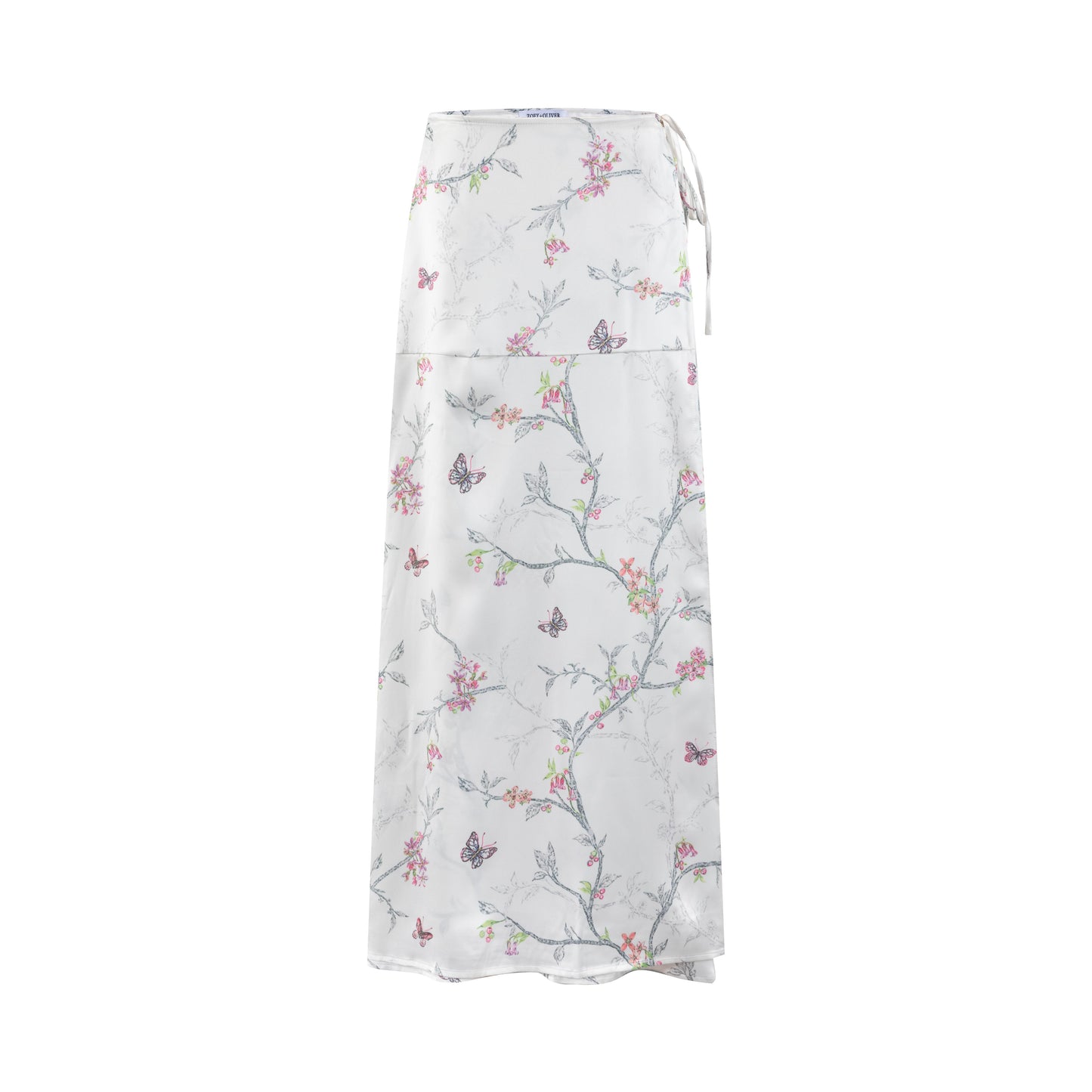 White Base Pink Flower Printed Satin Wrap Skirt