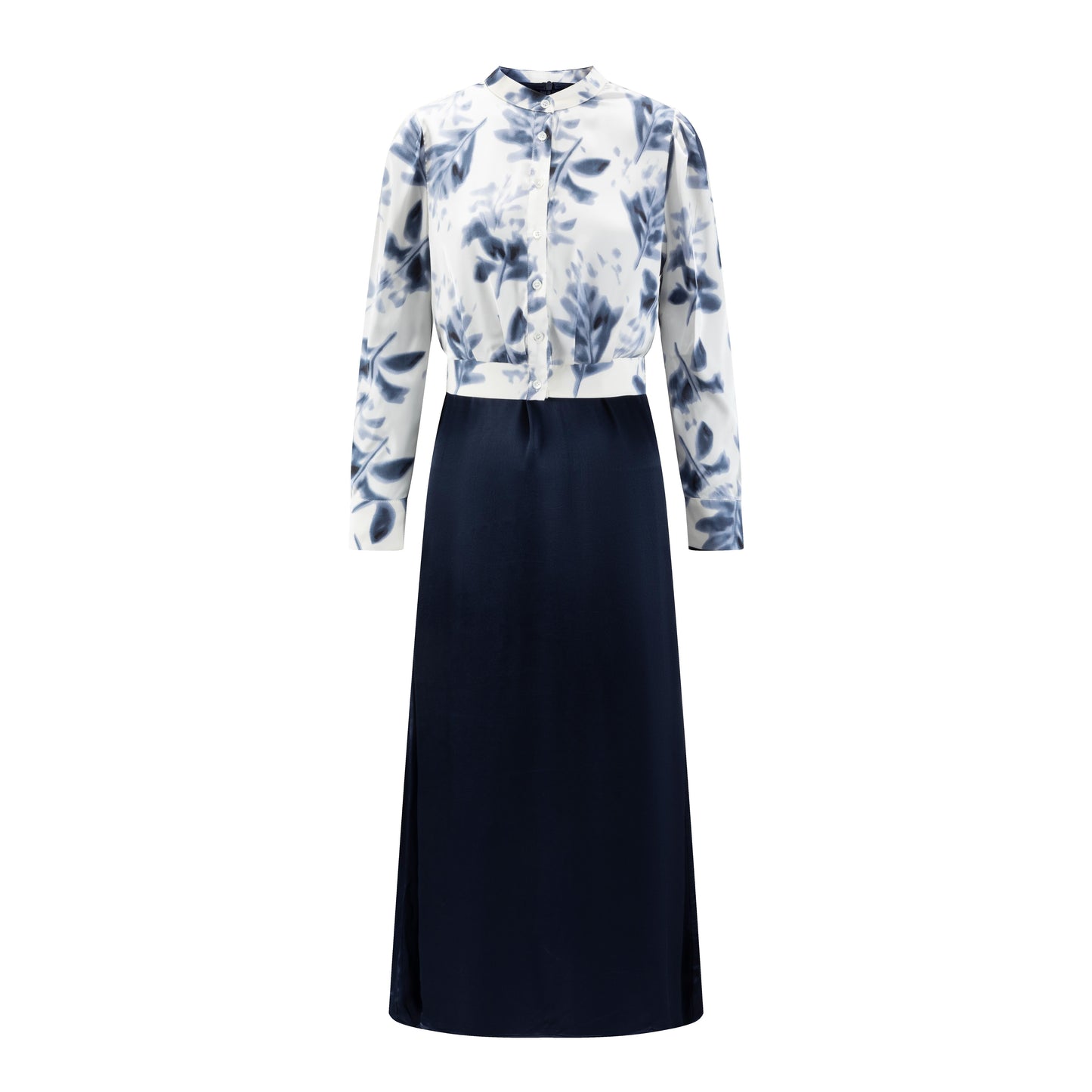 Navy Silk Dress With Ivory Printed Overlay