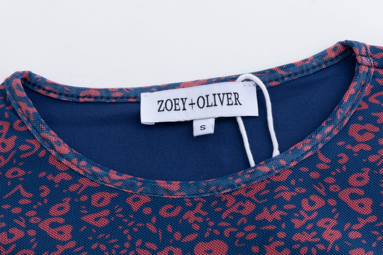 Navy Base Coral Flower Printed Mesh Top