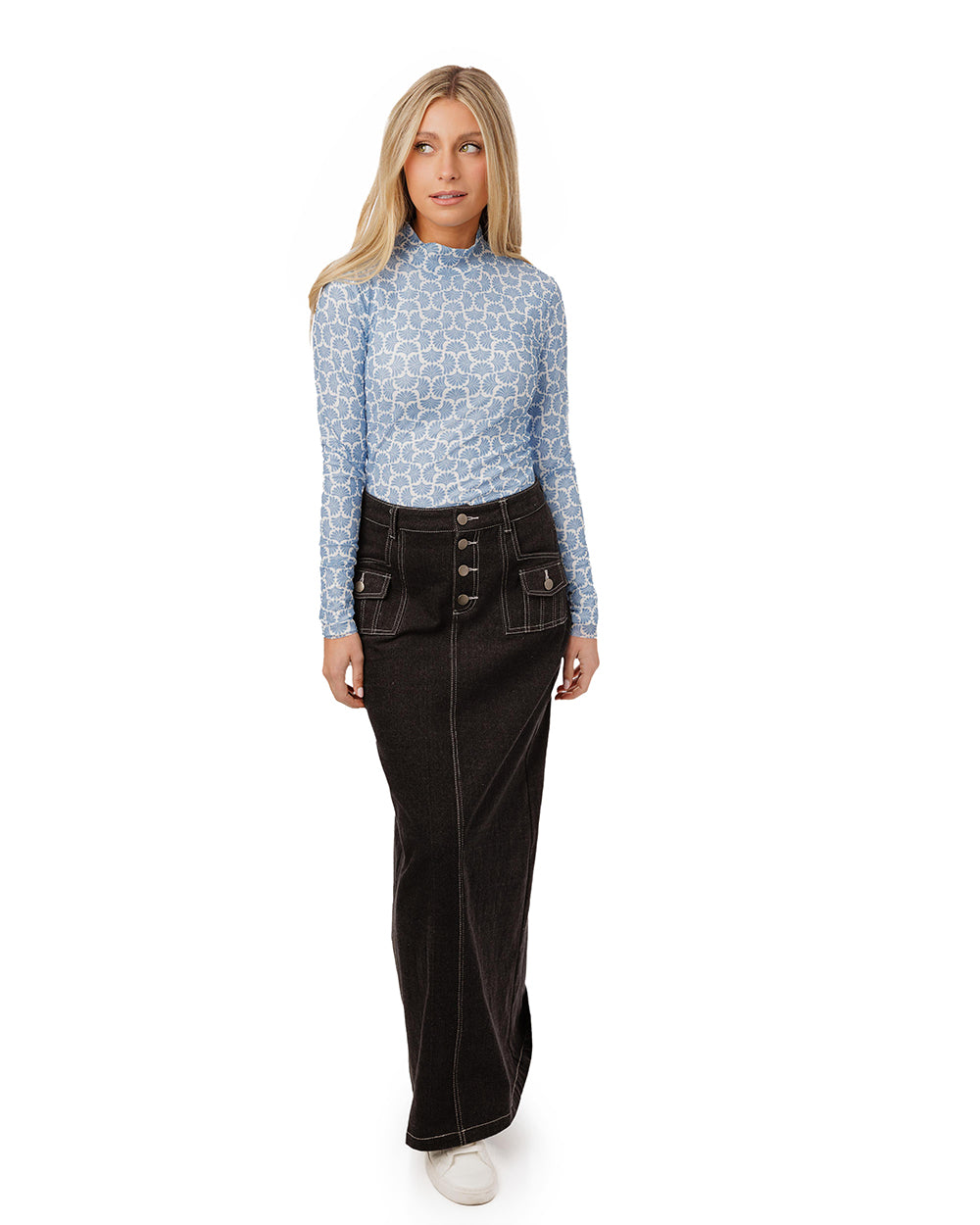 White Base Navy Flower Printed Mesh Top