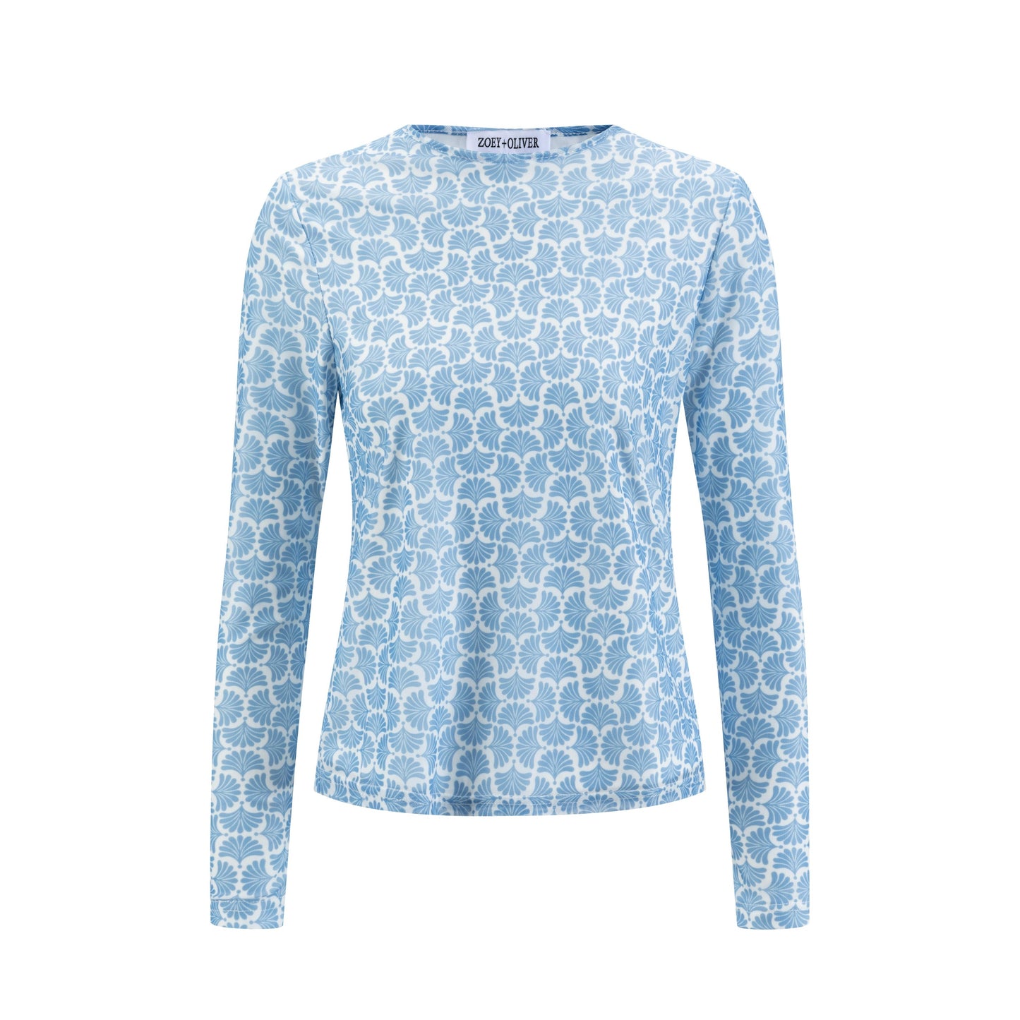 White Base Navy Flower Printed Mesh Top