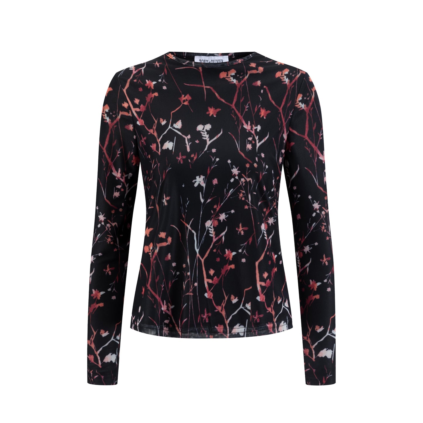 Black Base Pink Branch Printed Mesh Top