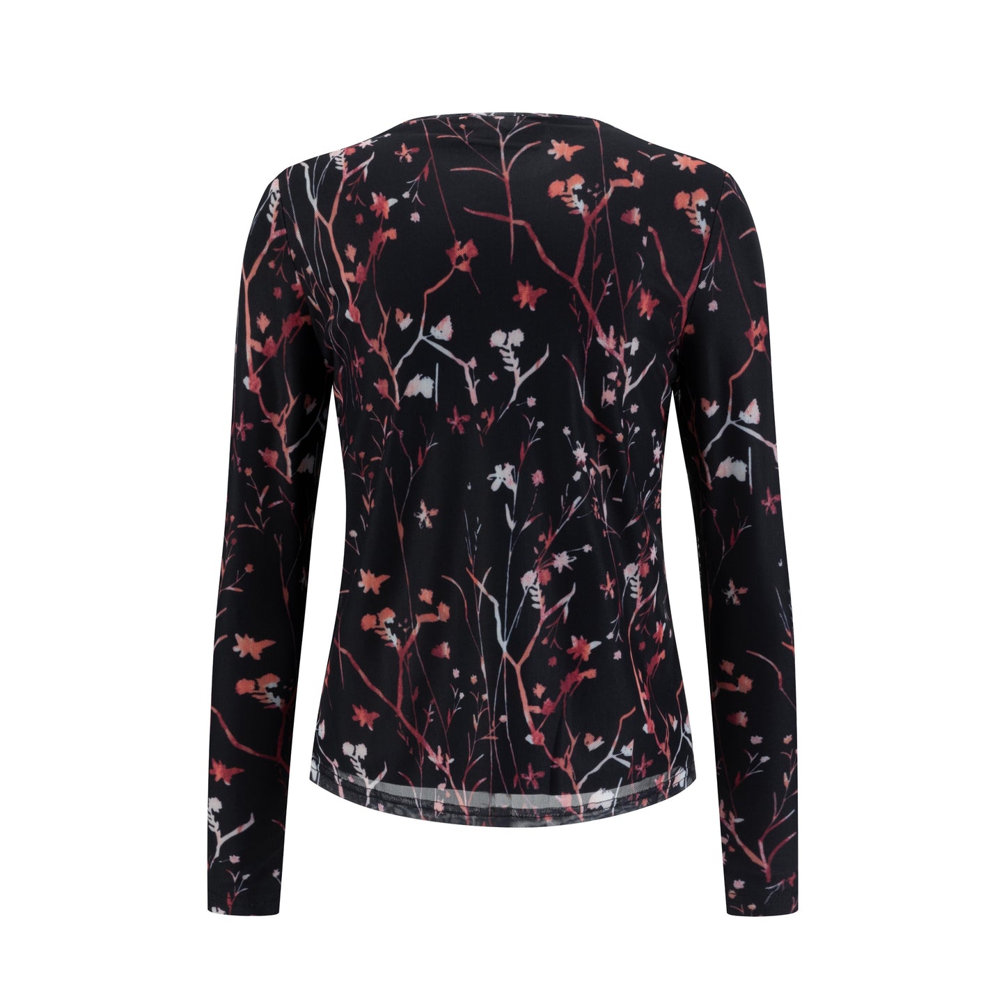 Black Base Pink Branch Printed Mesh Top