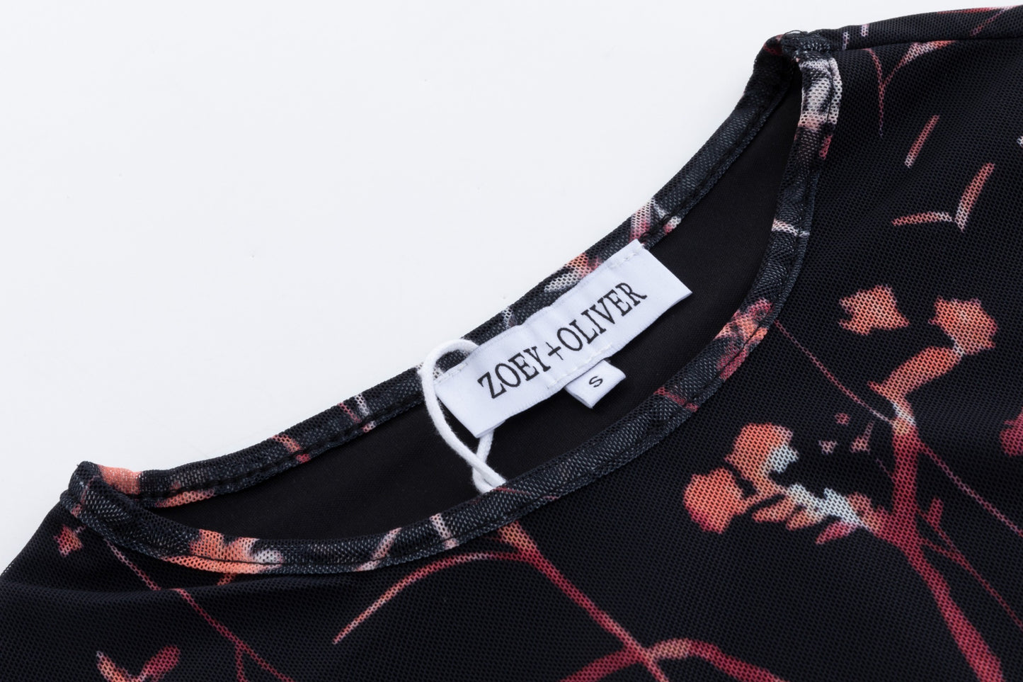 Black Base Pink Branch Printed Mesh Top