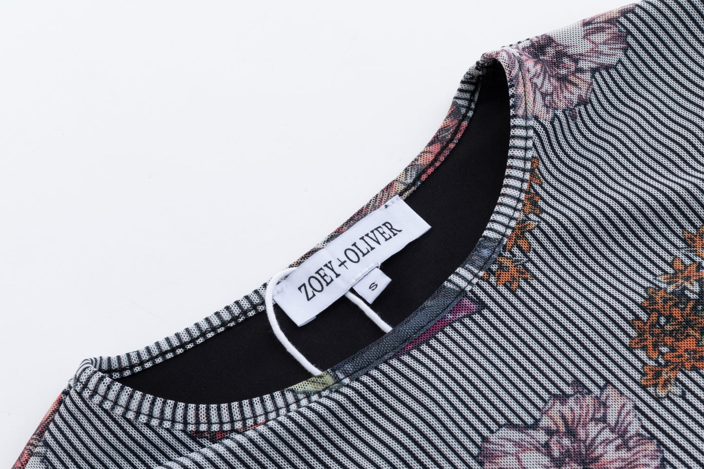 Black Stripes Flower Printed Mesh Top