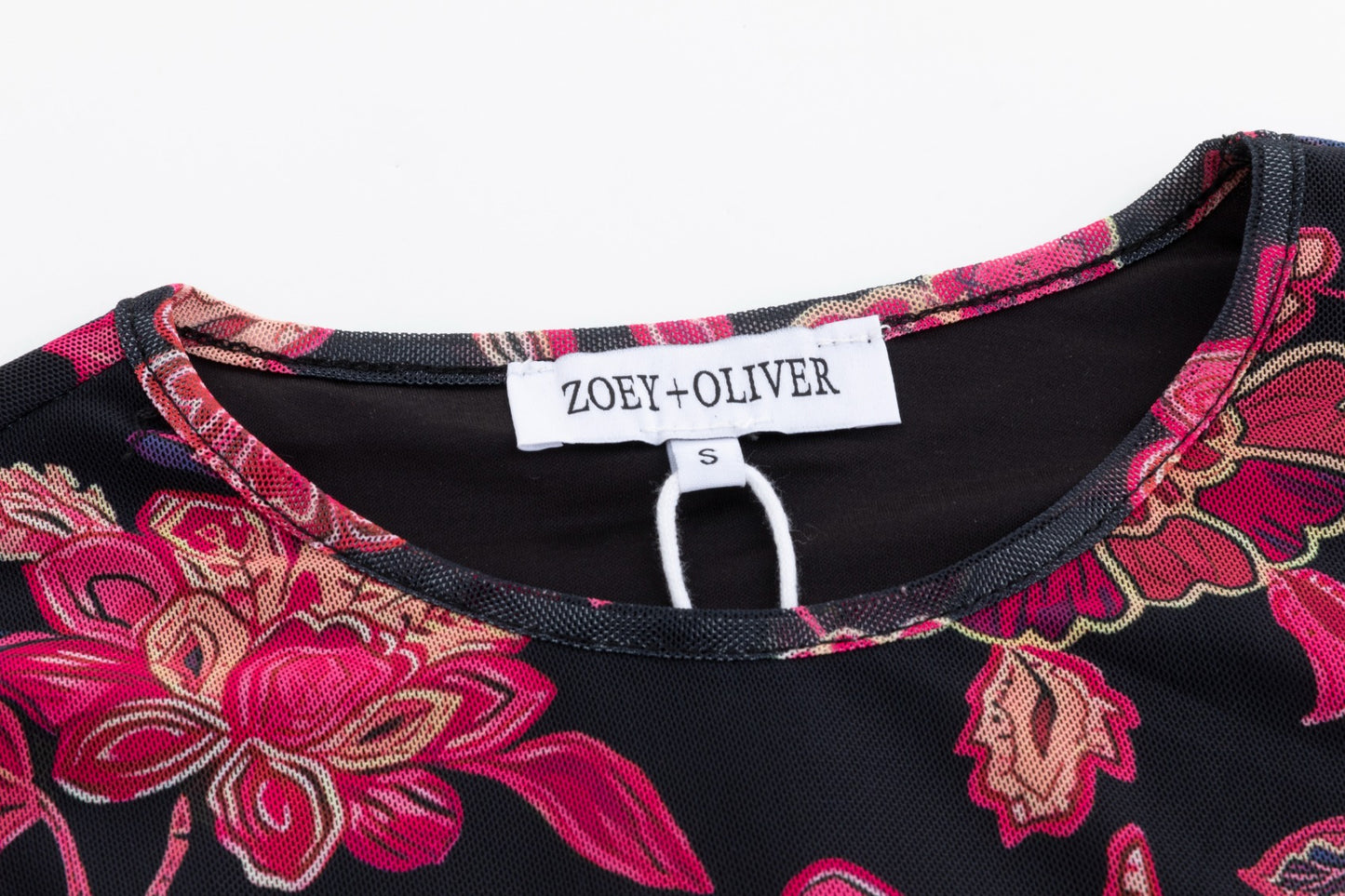 Black Base Pink Flower Printed Mesh Top