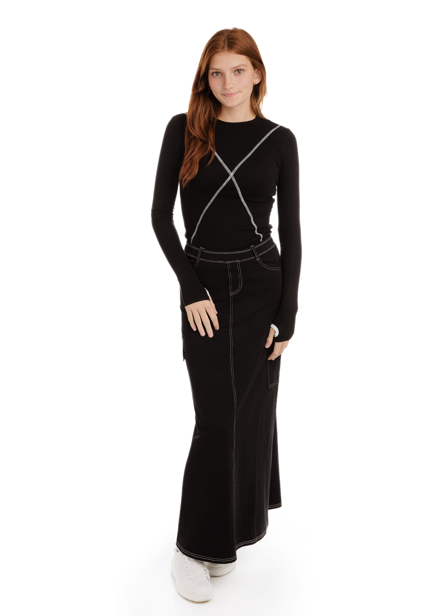 Thumbhole Criss-Cross Exposed T-Shirt - Black