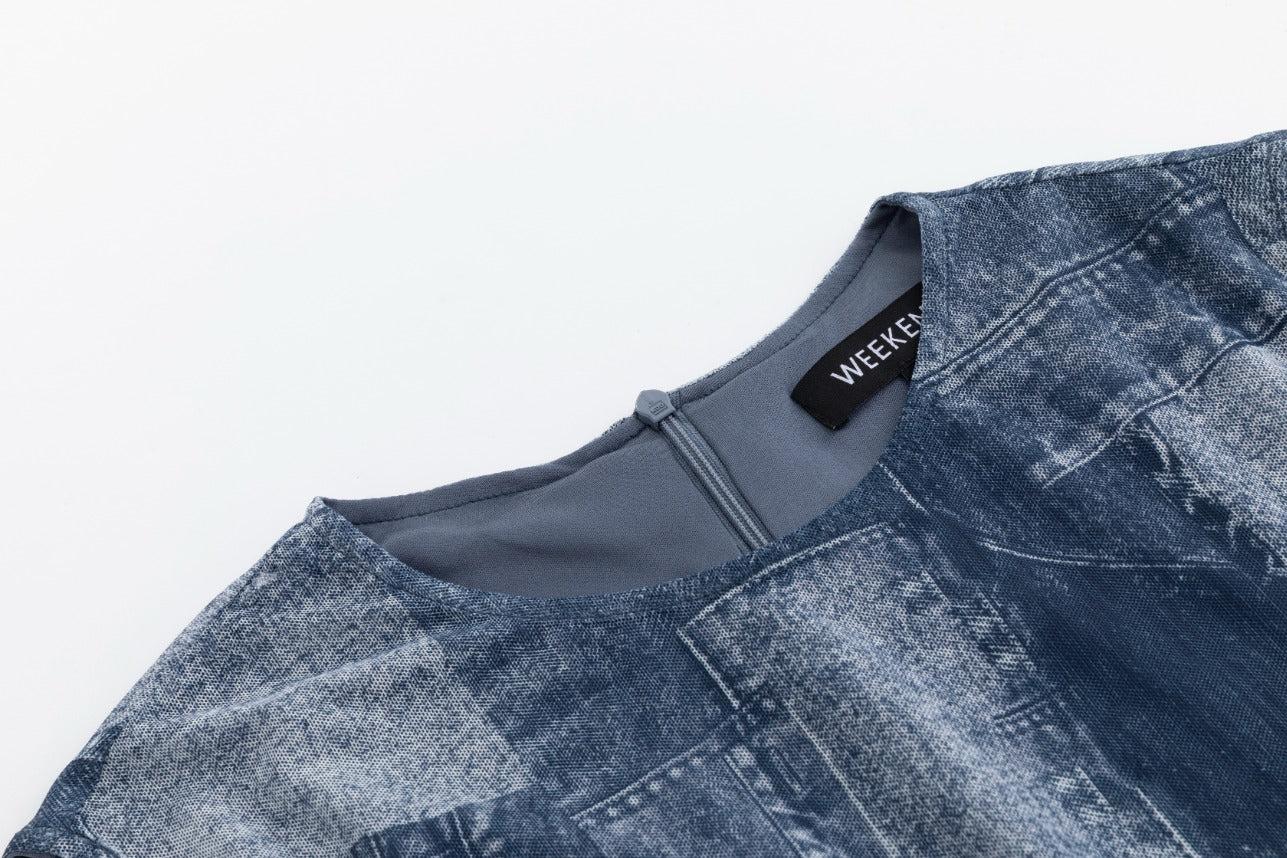 Navy Imitate Denim Printed Mesh Top & Slip Dress