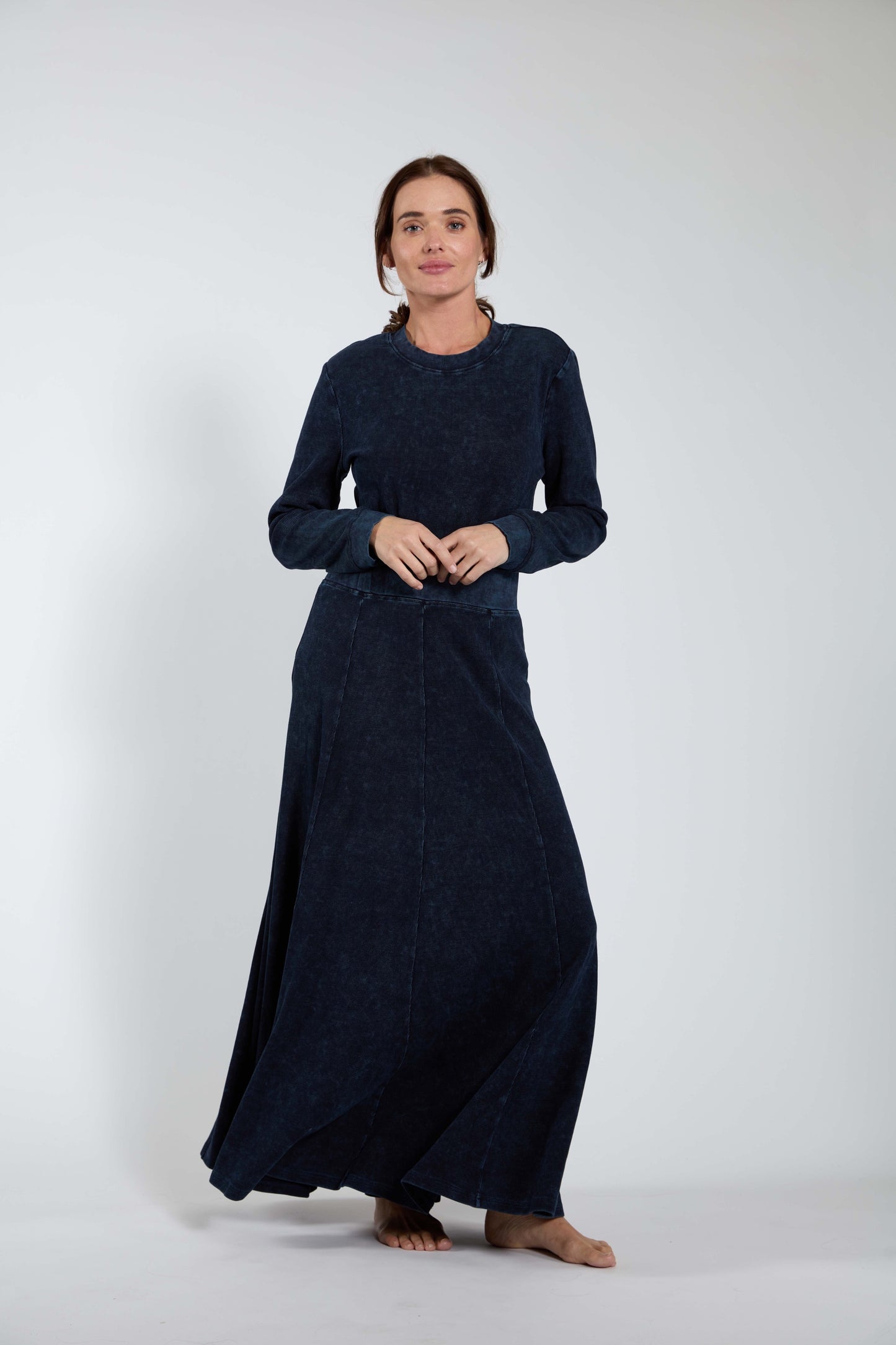 Dark Blue Denim Ribbed Maxi Skirt