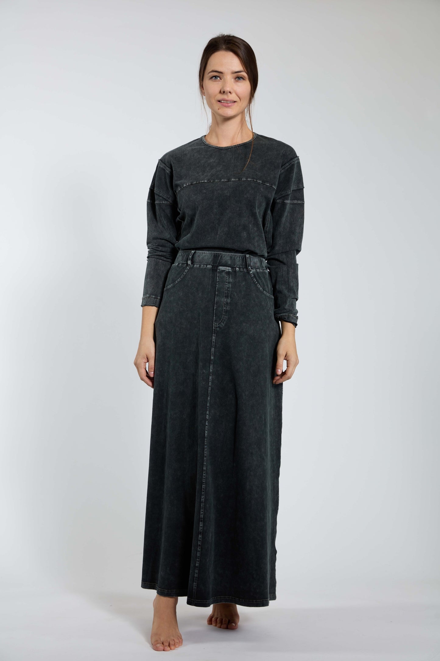 Black Washed Maxi Denim Skirt