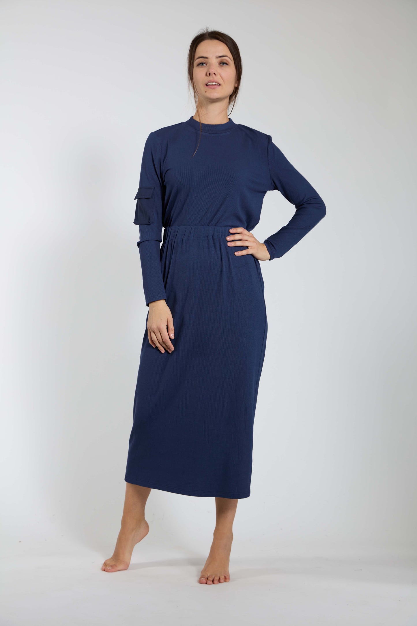 Navy Ribbed Mock Neck Top