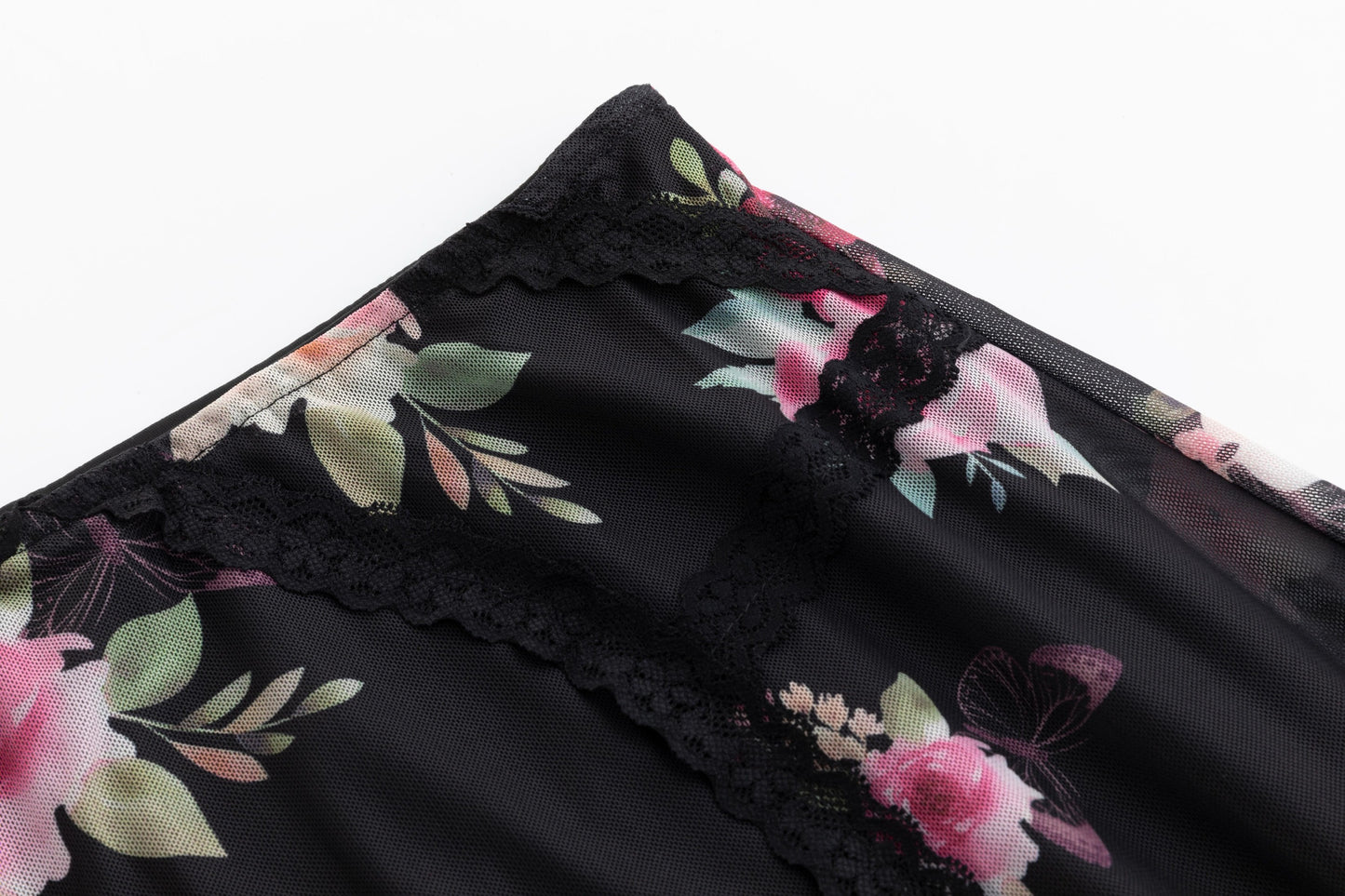 Black And Pink Floral Mesh Skirt