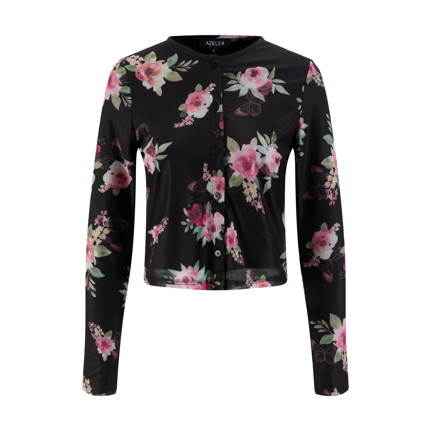 Black And Pink Floral Mesh Cardigan