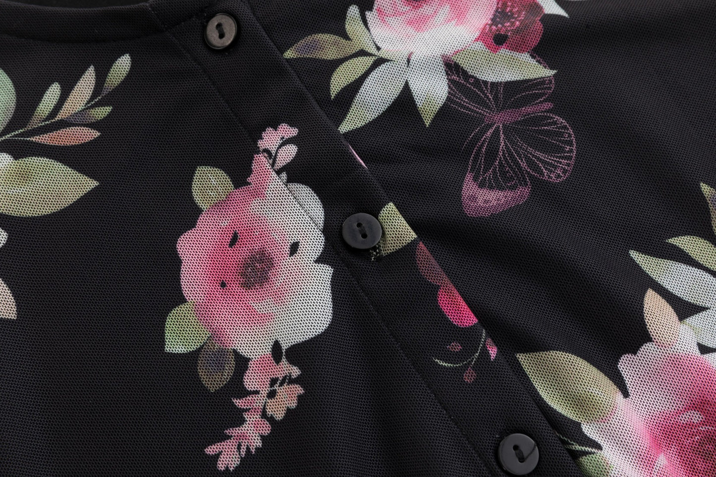 Black And Pink Floral Mesh Cardigan