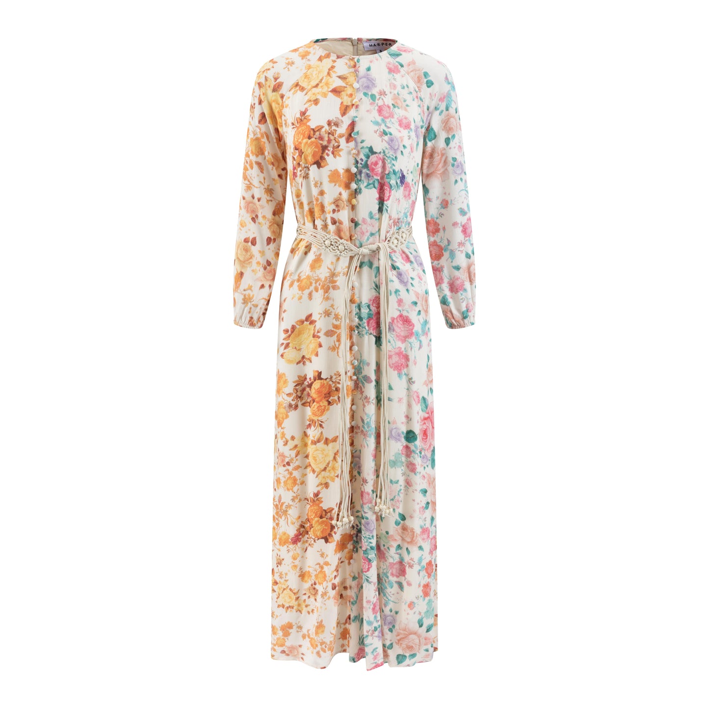 Beige Linen Dress With Mutli Colored Floral Print