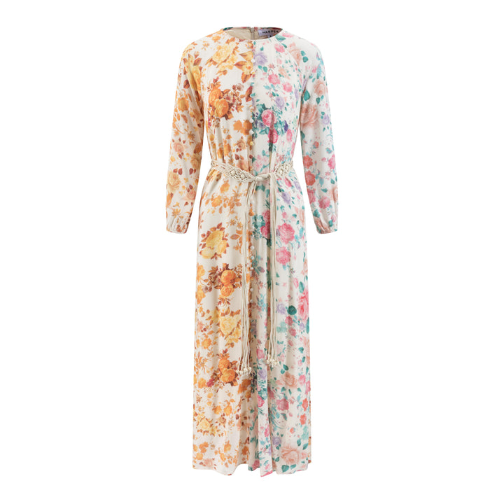 Beige Linen Dress With Mutli Colored Floral Print